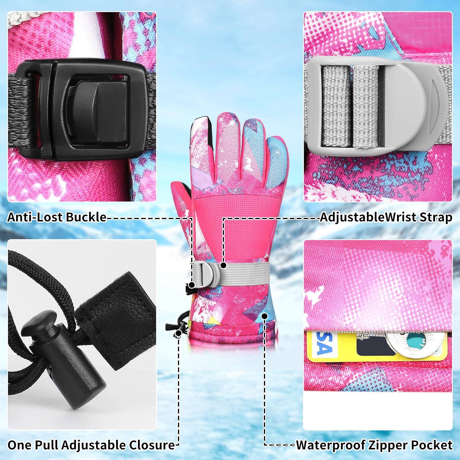 Ski Gloves,Snow Gloves Waterproof Winter Warm Cold Weather Touchscreen Gloves for Parent& Child Kids Skiing,Snowboarding