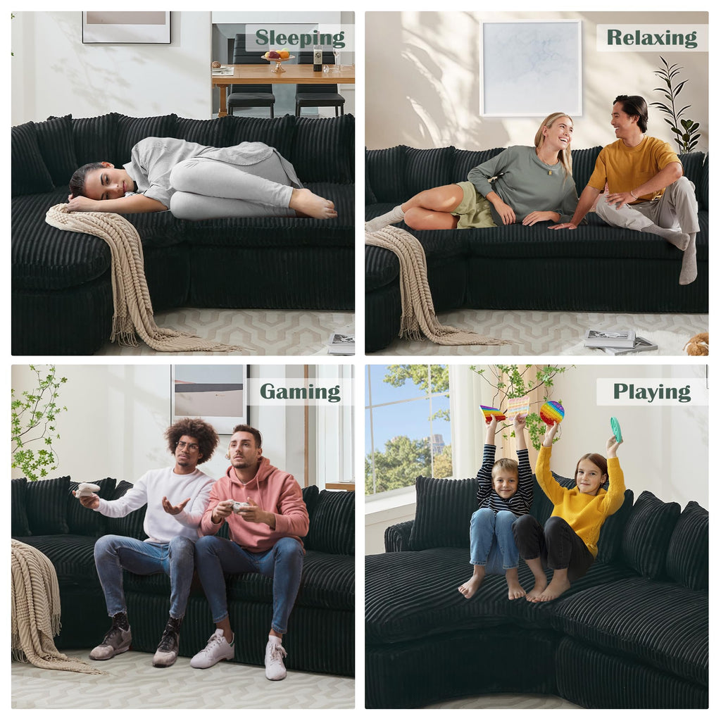 129'' Cloud Sectional Couches for Living Room, Oversized L Shaped Couch, Curved Boneless Sofa, Corduroy Upholstered Corner Sofa, Black