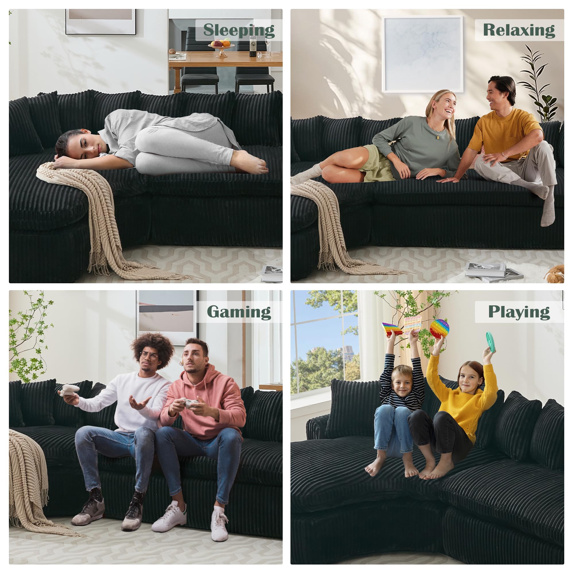 129'' Cloud Sectional Couches for Living Room, Oversized L Shaped Couch, Curved Boneless Sofa, Corduroy Upholstered Corner Sofa, Black