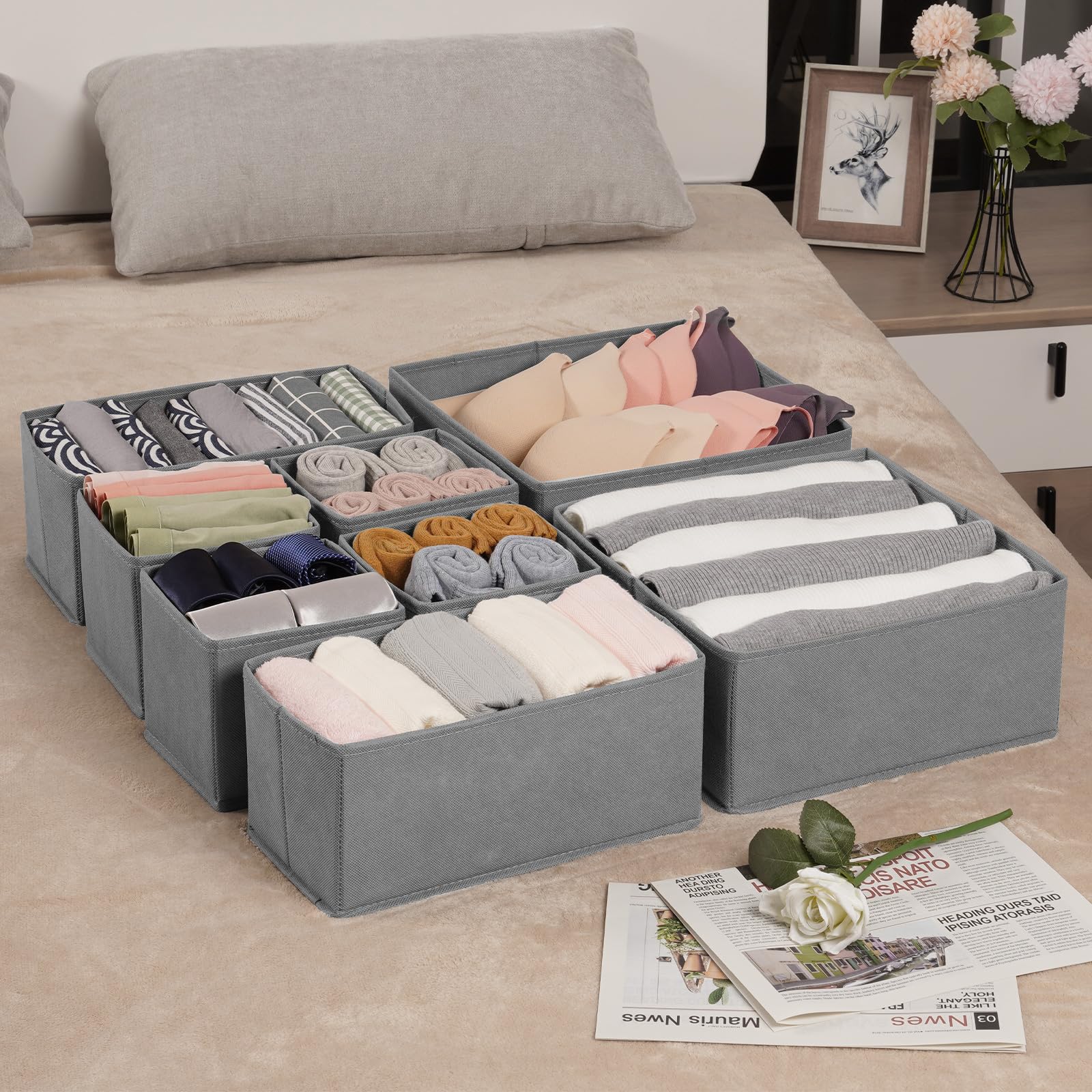 Criusia Drawer Organizer Clothes, 8 Pack Underwear Drawer Organizer, Foldable Cloth Storage Box Closet Organizers and Storage for Clothes, Socks, Scarves, Ties (Beige)