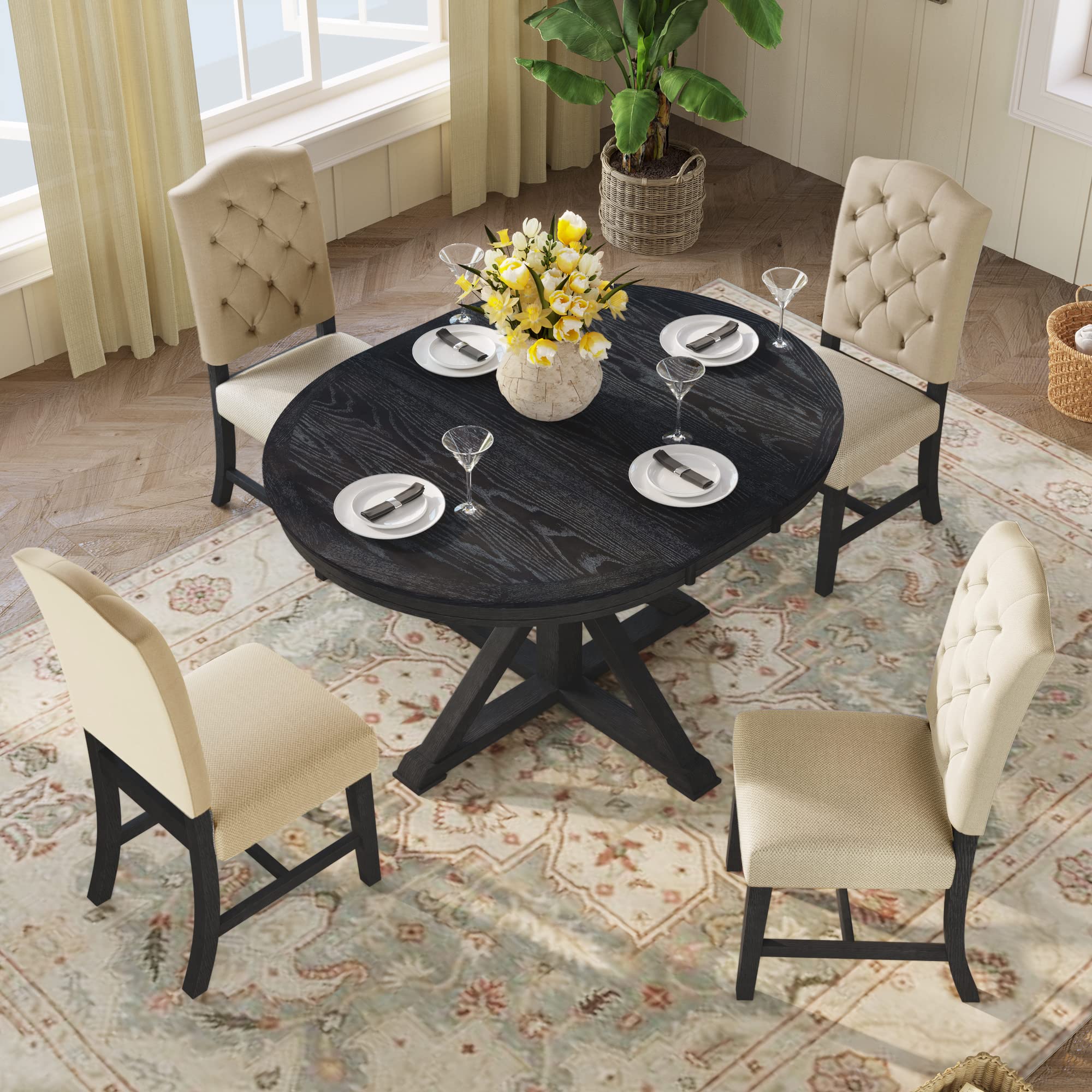 LUMISOL 5-Piece Dining Table Set for 4, Farmhouse Round Kitchen Table Set with Special Shaped Legs and 4 Upholstered Chairs for Kitchen, Dining Room, Small Space, Antique Blue