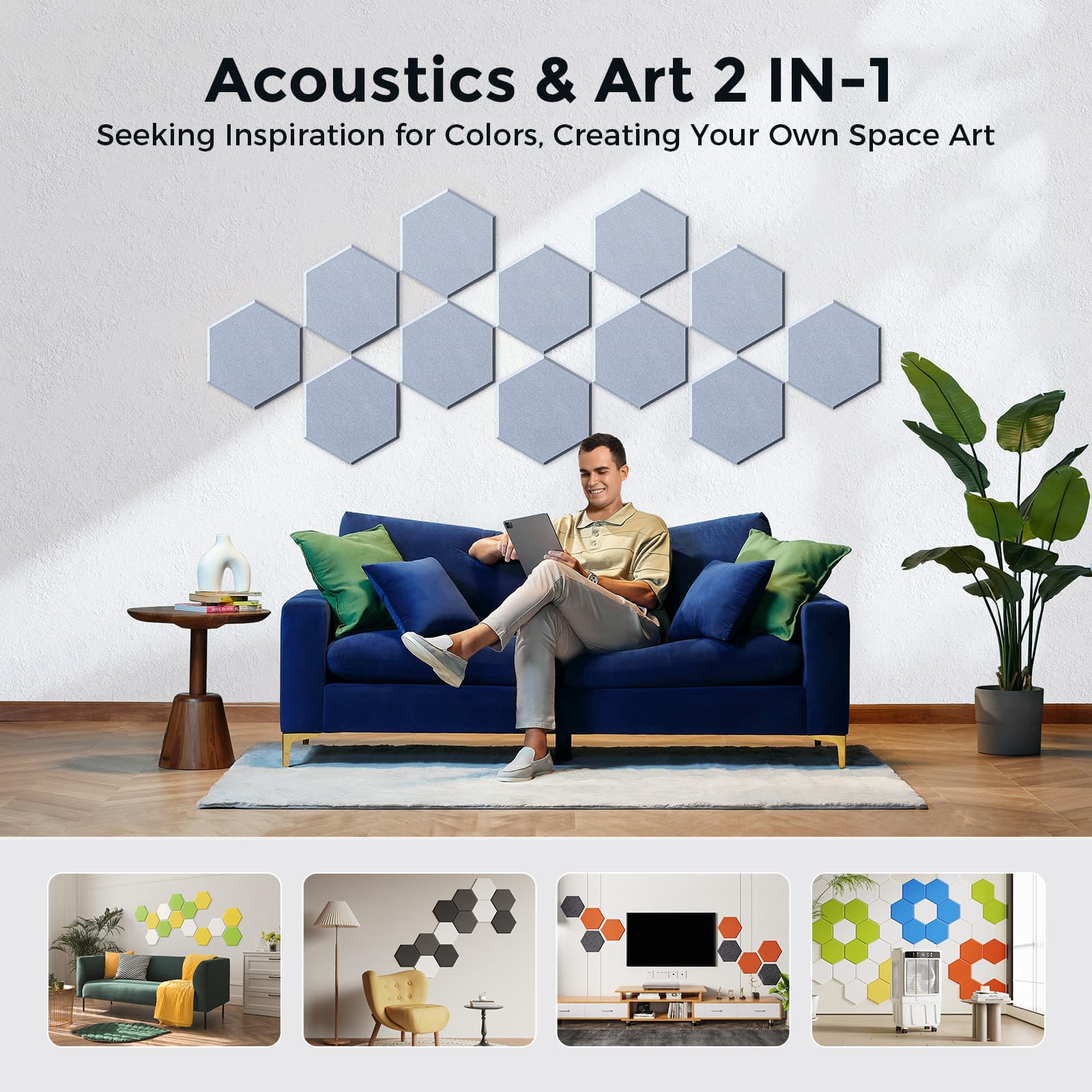 Self-Adhesive Acoustic Panels [390 lbs/yd³ Ultra-High Density], 2nd Generation Sound Absorbing Panel, Professional Level Sound Panel, Polyester Soundproof Foam [Medium Hexagon, Beige]
