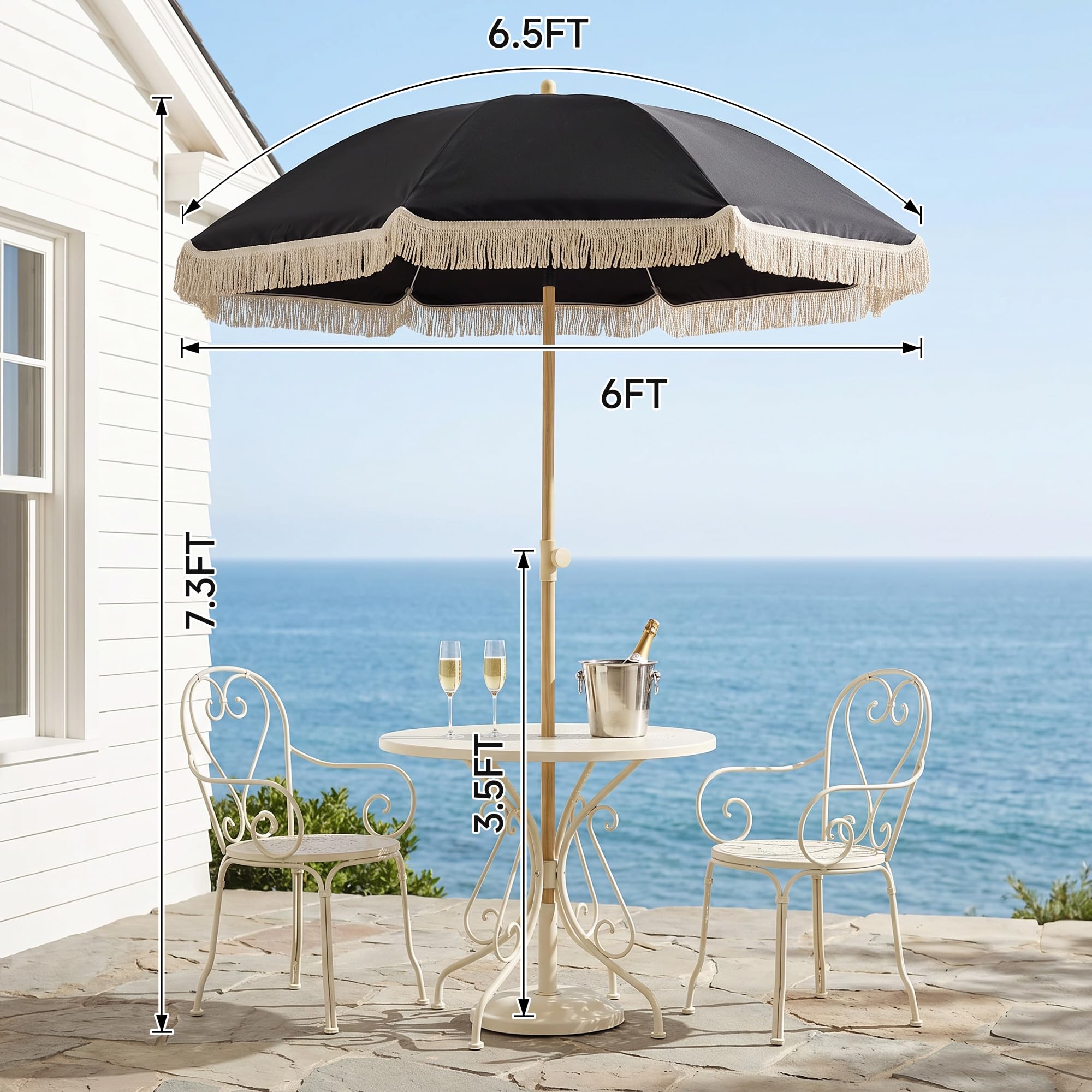 6.5FT Boho Patio Umberlla with Fringe,UPF50+ Outdoor Umbrella with Fiberglass Ribs and Push Button Tilt,Tassels Umbrella for Beach,Terrace,Picnic
