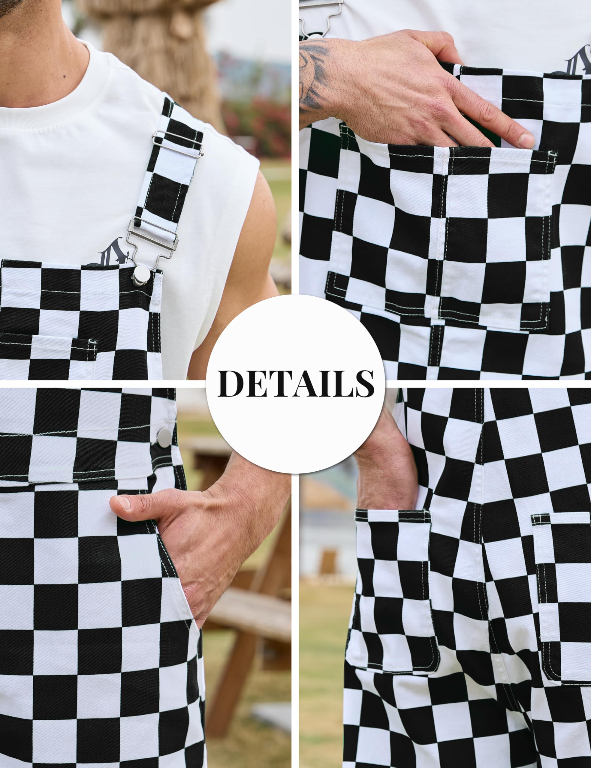 Odefou Checkered Bib Overalls for Men Jumpsuit Shorts Work Coveralls