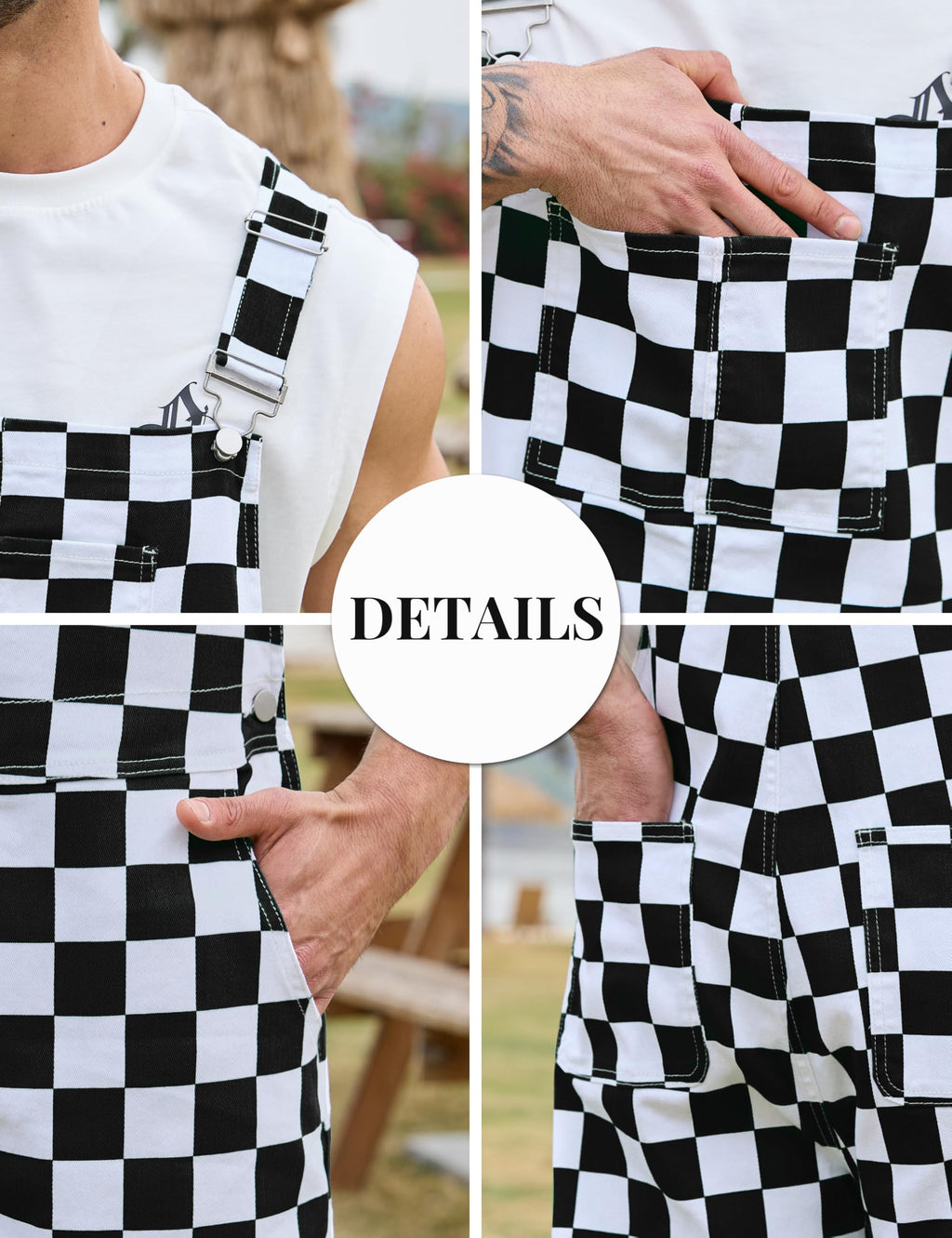 Odefou Checkered Bib Overalls for Men Jumpsuit Shorts Work Coveralls