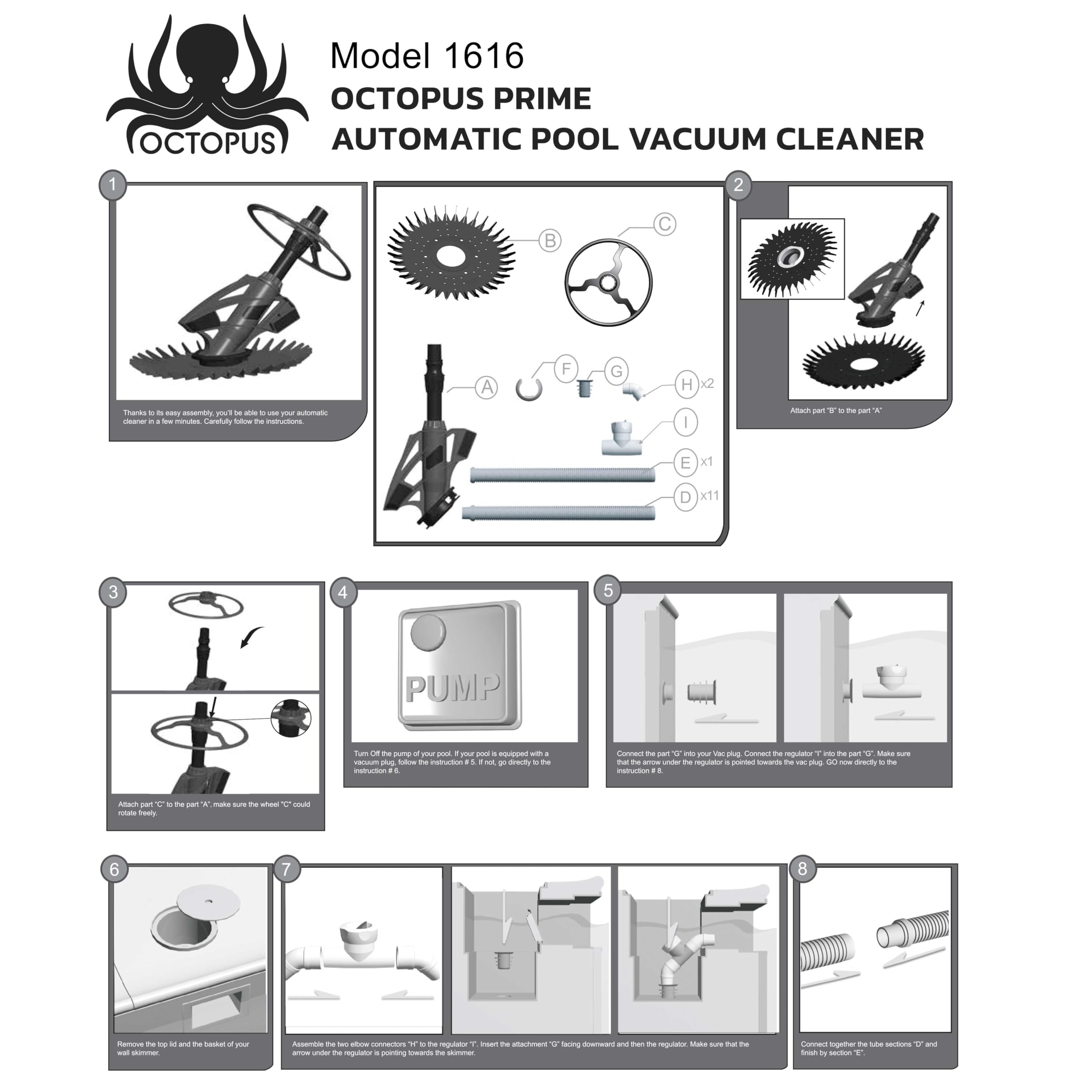 U.S. Pool Supply Octopus Suction Pool Cleaner, Inground Automatic Pool Vacuum Cleaner with Hose - Swimming Sweeper Vac Cleaning Suction-Side Cleaners - Auto Creepy Sweeps Removes Debris, Leaves Cleans