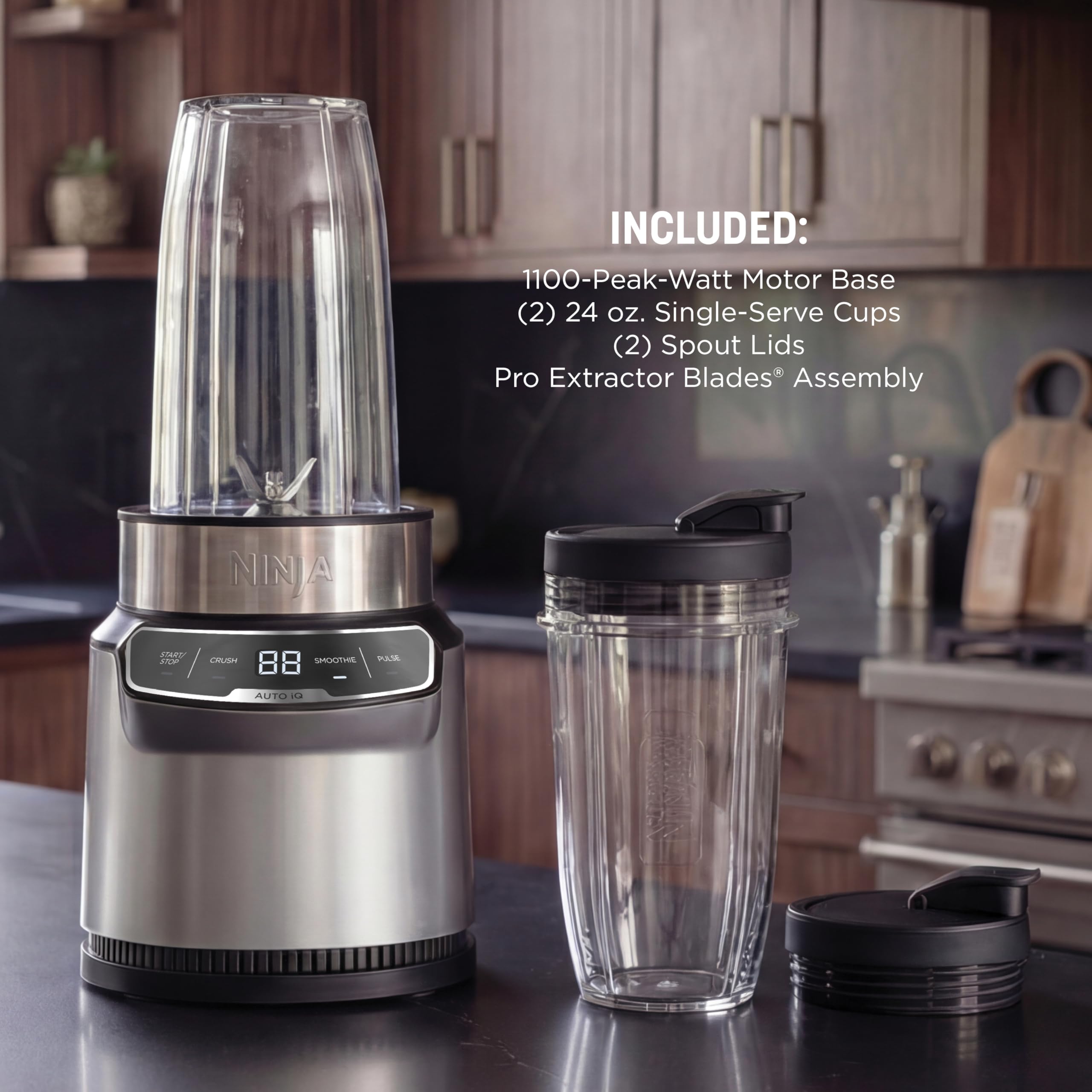 Ninja Nutri-Plus Personal Blender | Compact Push to Blend | Make Frozen Drinks, Smoothies, Sauces & More | With (3) 20 oz. To-Go Cups, (2) Spout-Lids & (1) Storage-Lid | 900 Peak Watt | Silver | BN301