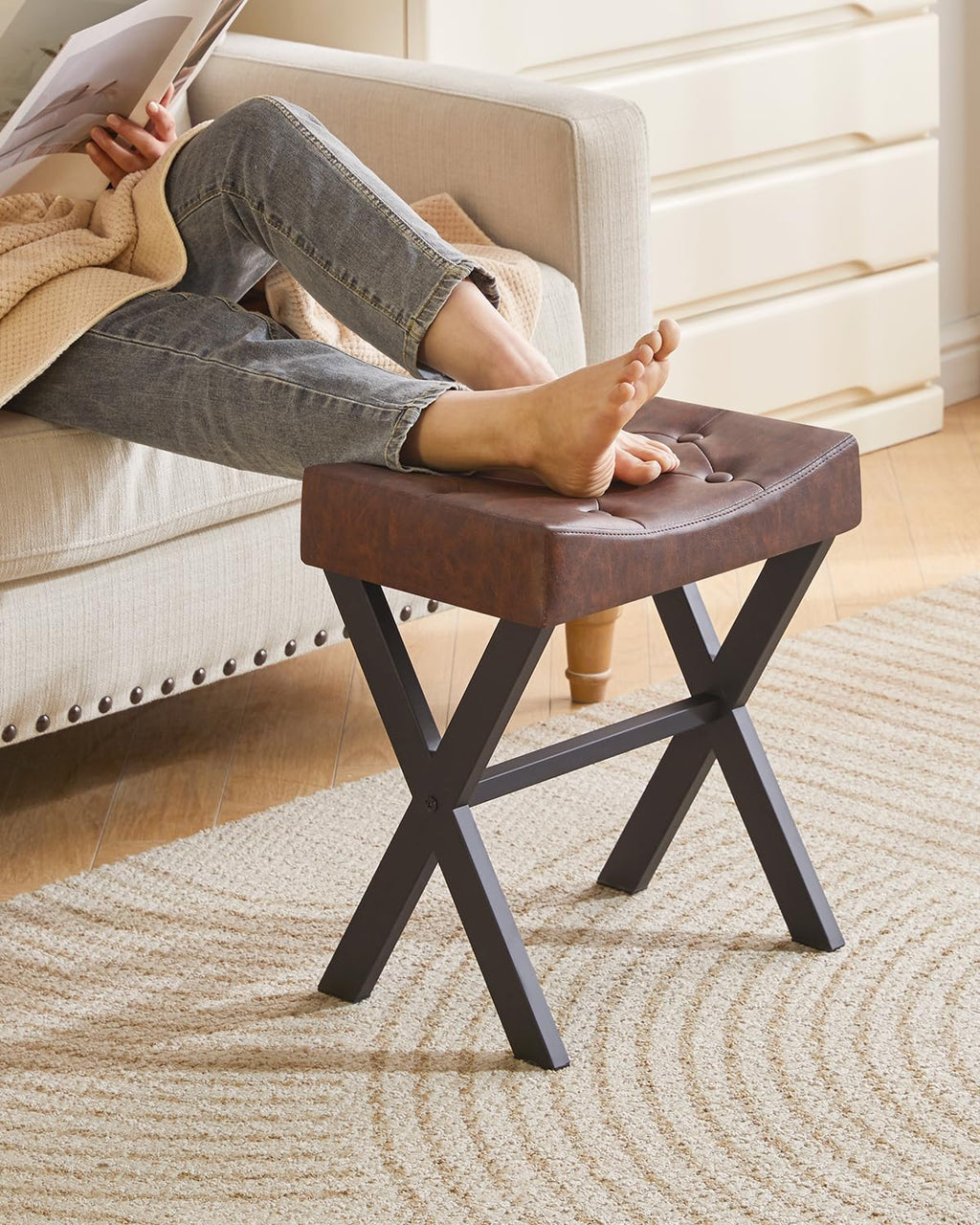 IBUYKE U-Shaped PU Vanity Stool, Square Makeup Chair with X-Leg, Ottoman Seat Footrest Stool, Multi-Use as Small Side Table, for Bedroom, Living Room, Black WBD019B