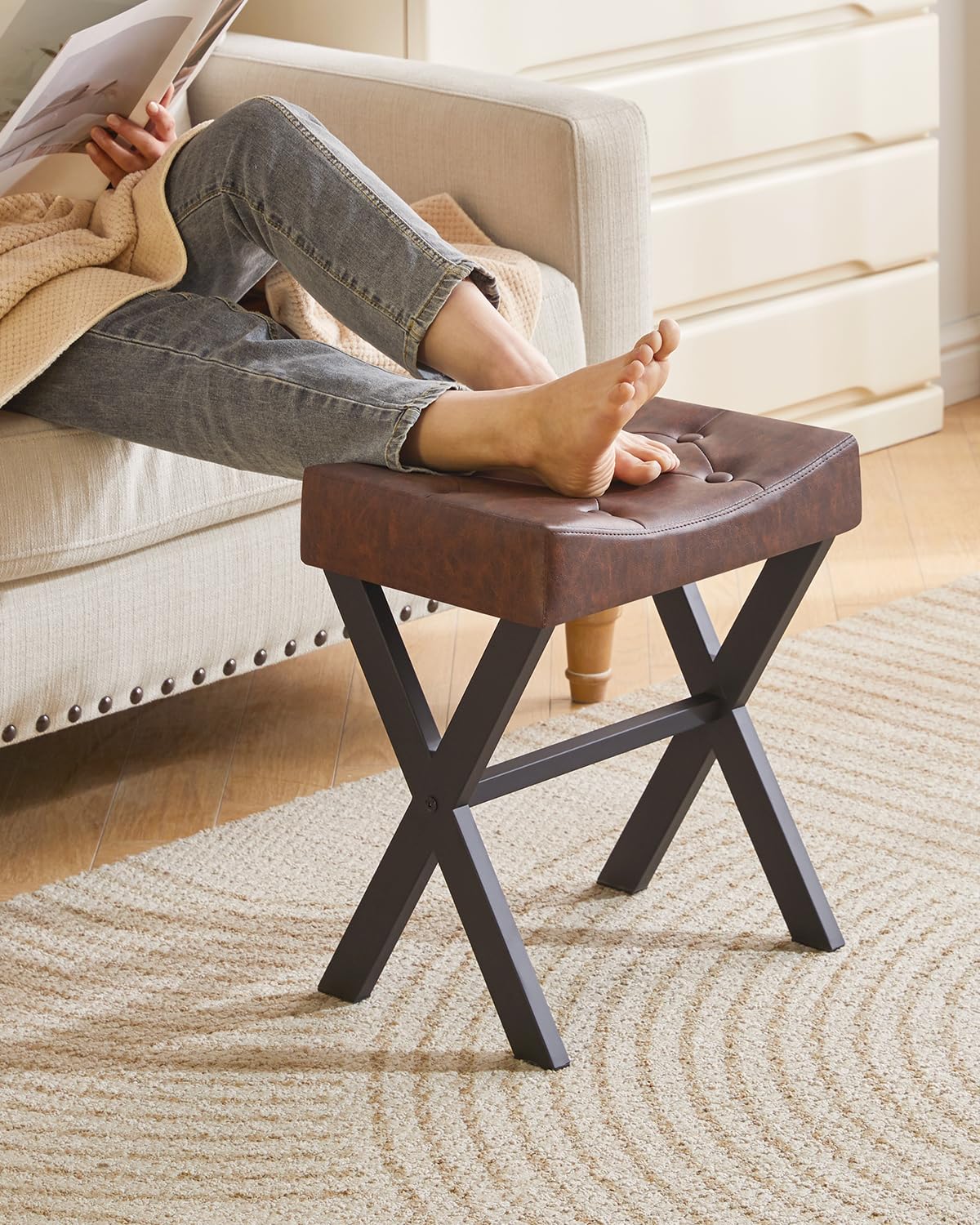 IBUYKE U-Shaped PU Vanity Stool, Square Makeup Chair with X-Leg, Ottoman Seat Footrest Stool, Multi-Use as Small Side Table, for Bedroom, Living Room, Black WBD019B