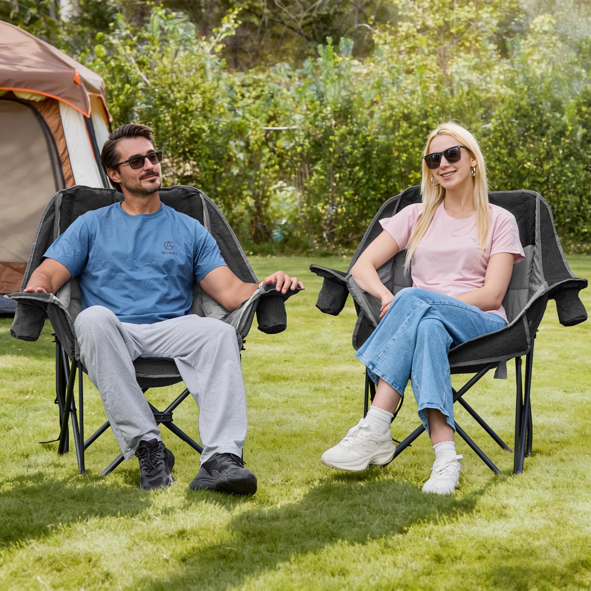 Double Camping Chair Heavy Duty Oversized Padded Loveseat for Adults 2 Person Outdoor Portable Camping Chairs for Lawn, Backyard, Fishing, Trip, Support 600lbs, Grey