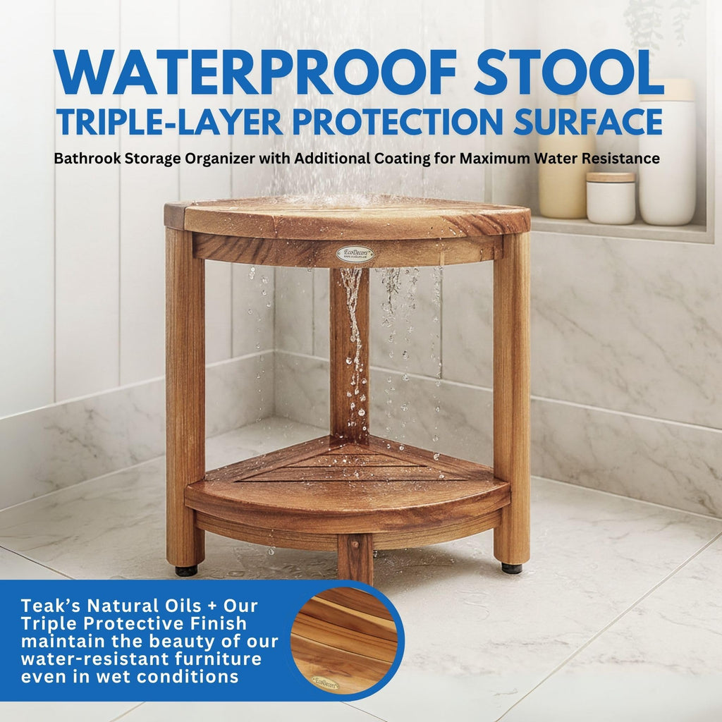 DecoTeak Teak Corner Shower Shelf – 2 Tier Waterproof Bathroom Storage Organizer Compact Wood Storage | Water-Resistant Design | Space Saver for Showers & Small Bathrooms | Shaving Foot Rest