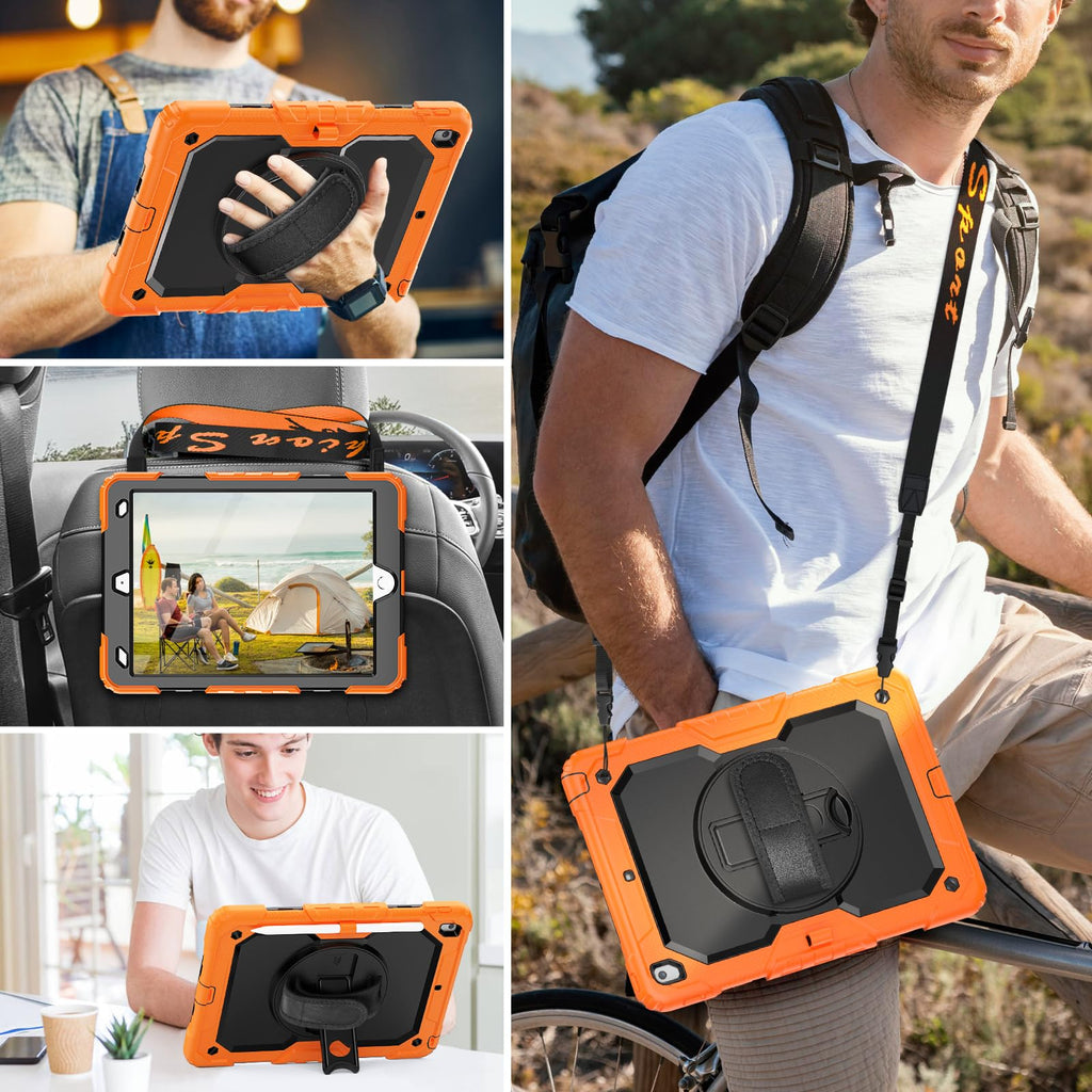 HXCASEAC Case for iPad 9th/8th/7th Generation 10.2 inch, with Pencil Holder, Screen Protector, Hand Strap, Heavy Duty Protective for iPad 9/8/7 Case 10.2-inch 2021/2020/2019, Orange