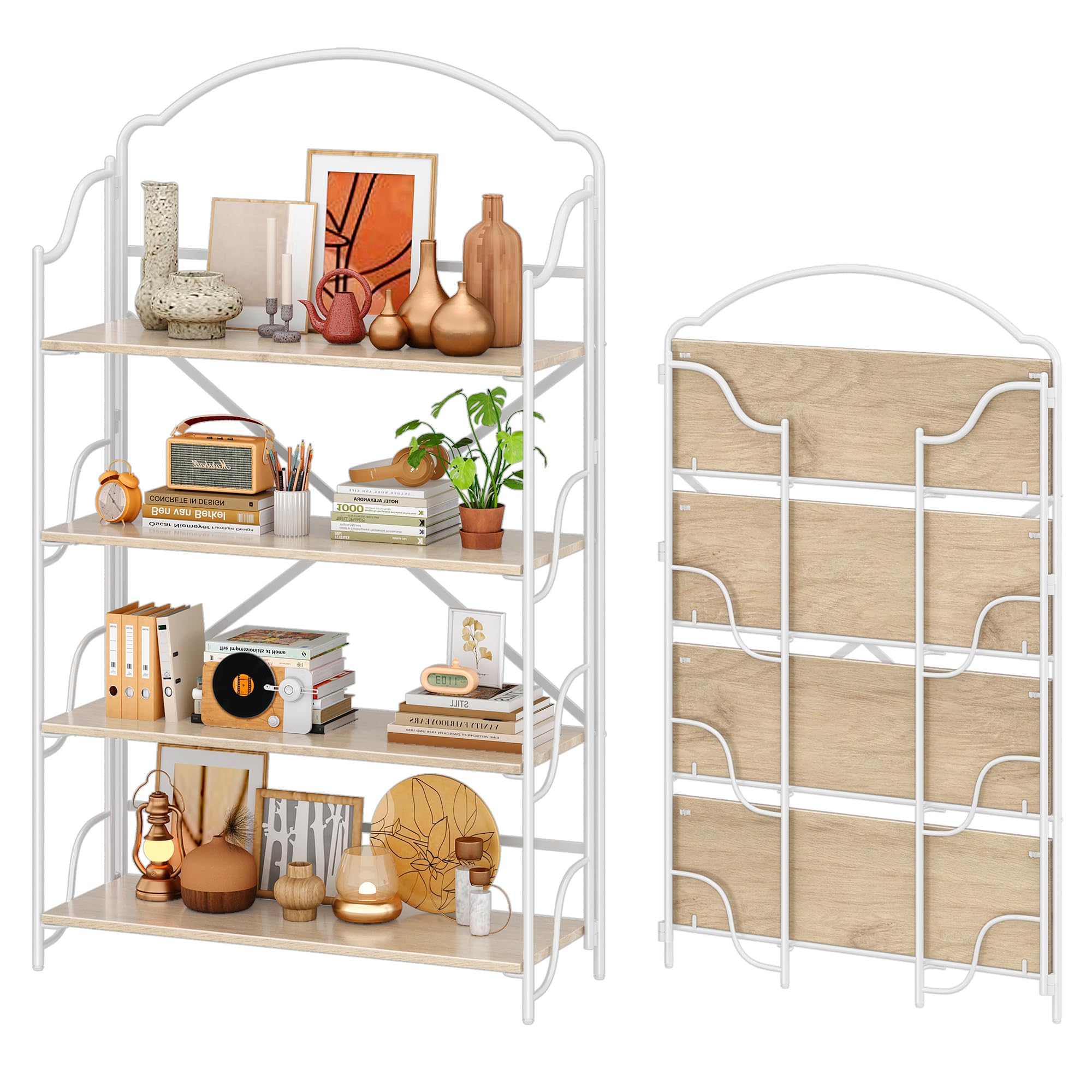 4NM No Assembly Folding Bookshelf, 3 Tiers Collapsible Book Shelves Open Industrial Foldable Storage Bookcase Shelf for Bedroom, Living Room, Home Office - Natural and White