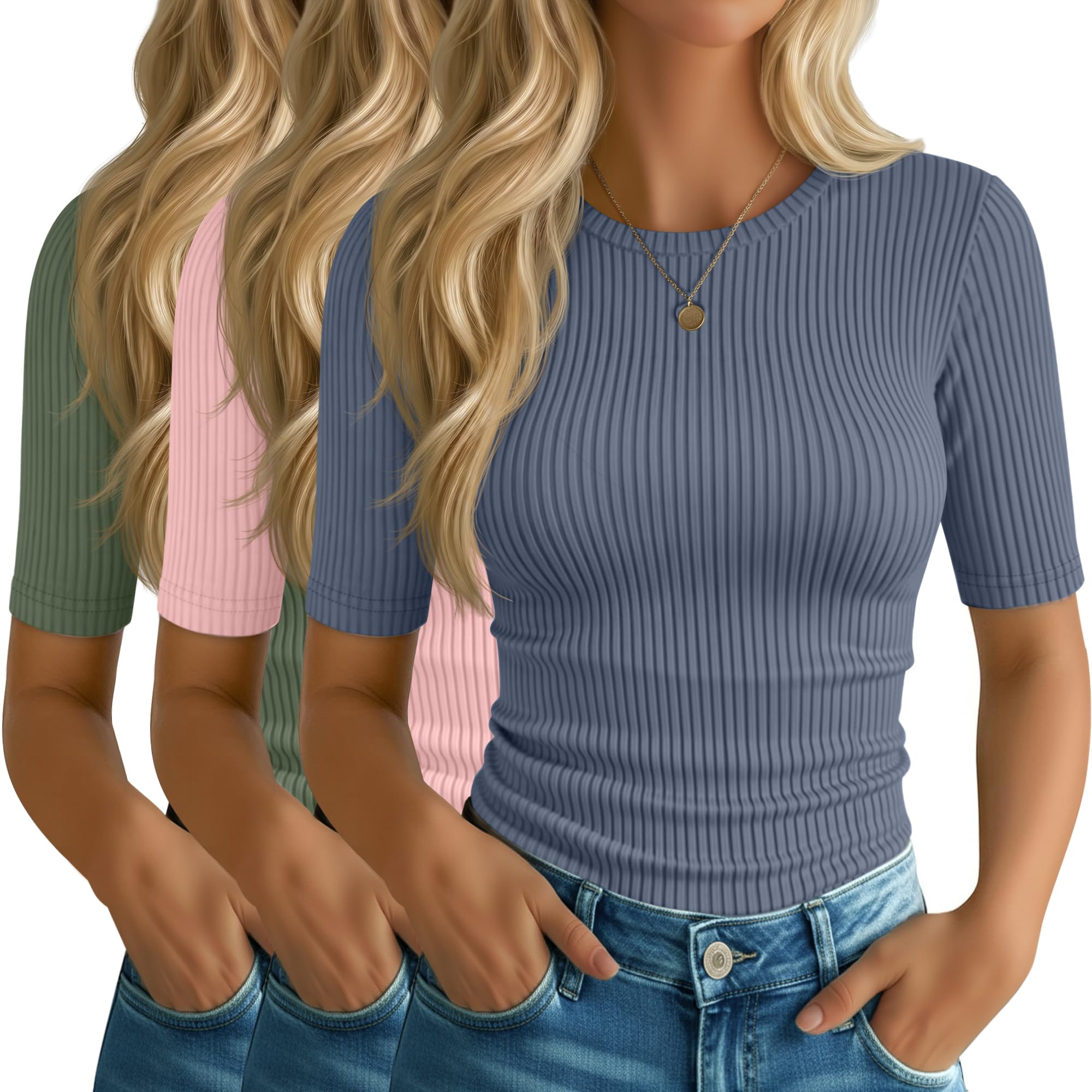 Riyiper 3 Pack Women's Elbow Length Tops, Half Sleeve Ribbed Cotton T Shirt Crew Neck Summer Tee Slim Fit Casual Blouses