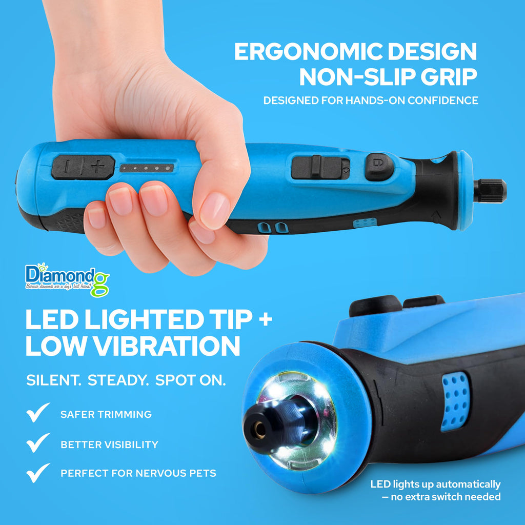 Diamondg Cordless Dog Nail Grinder with Quiet Sound & LED Tip for Large & Small Dogs, 4hrs. Runtime - Electric Dog Nail Trimmer, Heavy Duty Rotary Tool Alternative to Toenail Clippers & Filers