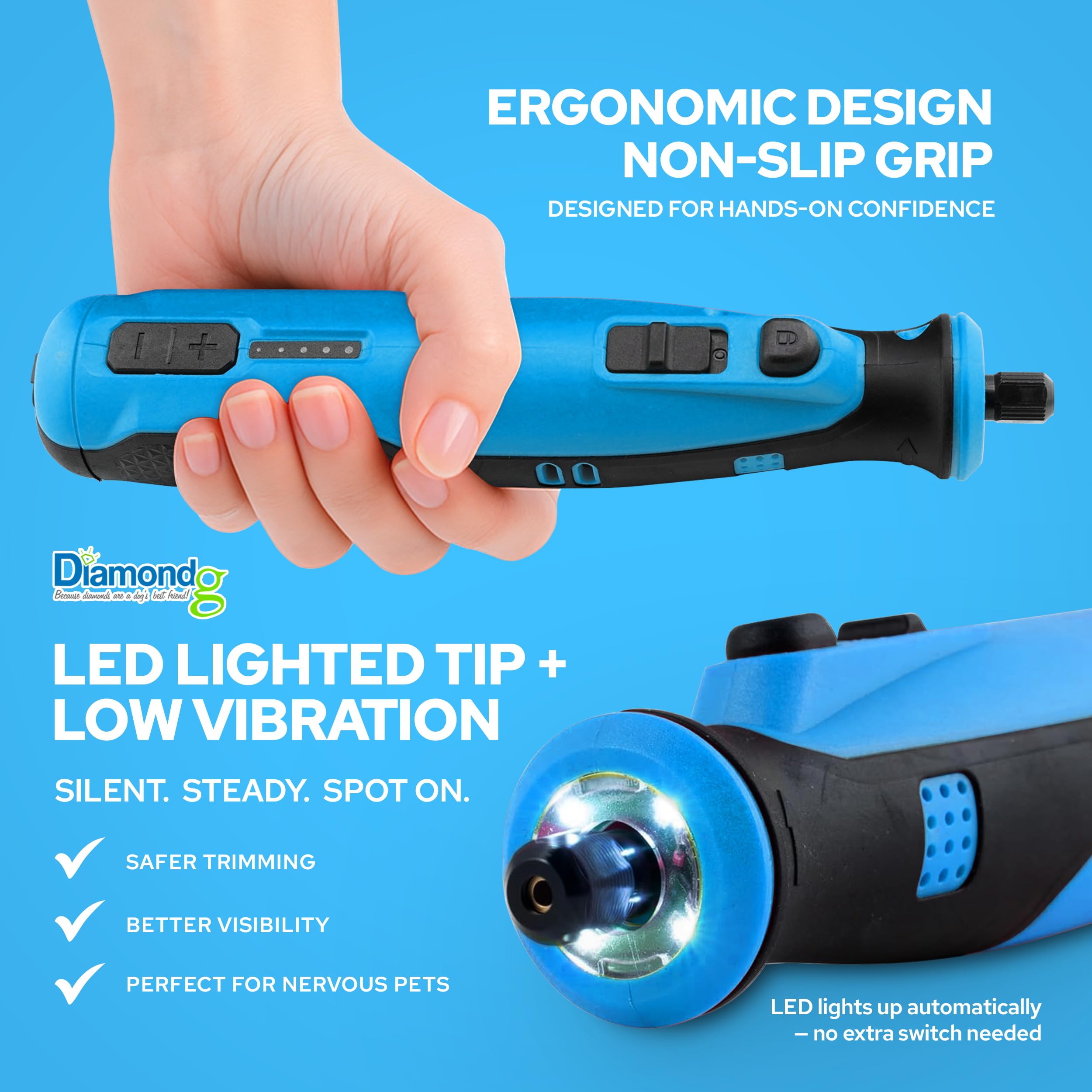 Diamondg Cordless Dog Nail Grinder with Quiet Sound & LED Tip for Large & Small Dogs, 4hrs. Runtime - Electric Dog Nail Trimmer, Heavy Duty Rotary Tool Alternative to Toenail Clippers & Filers