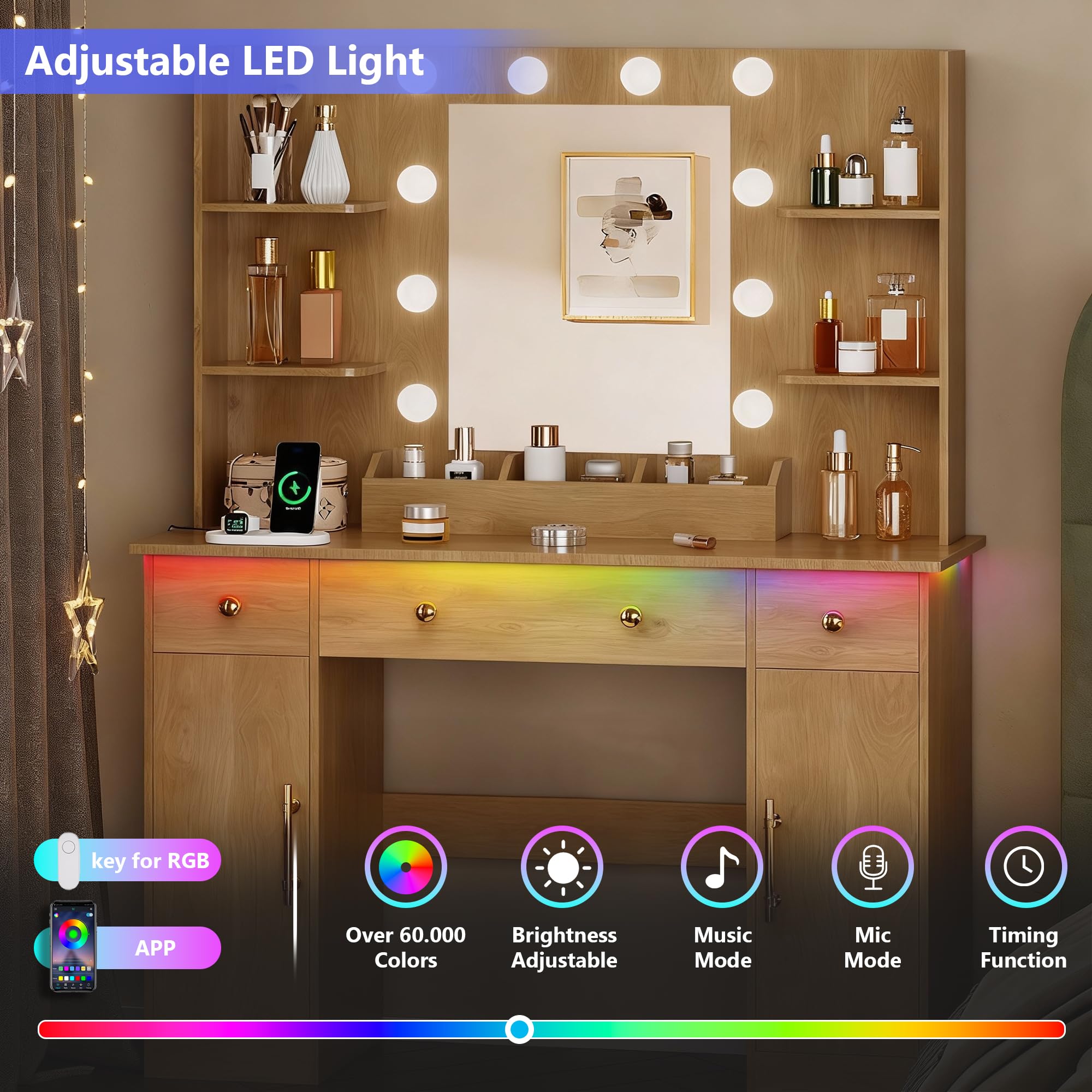 HUANLEGO Vanity Desk with Mirror and Lights, Makeup Vanity with Mirror and LED Lights & Power Outlet, 3 Drawers and Cabinets, 3 Lighting Modes Dressing Table Set for Girls Women Bedroom,Oak