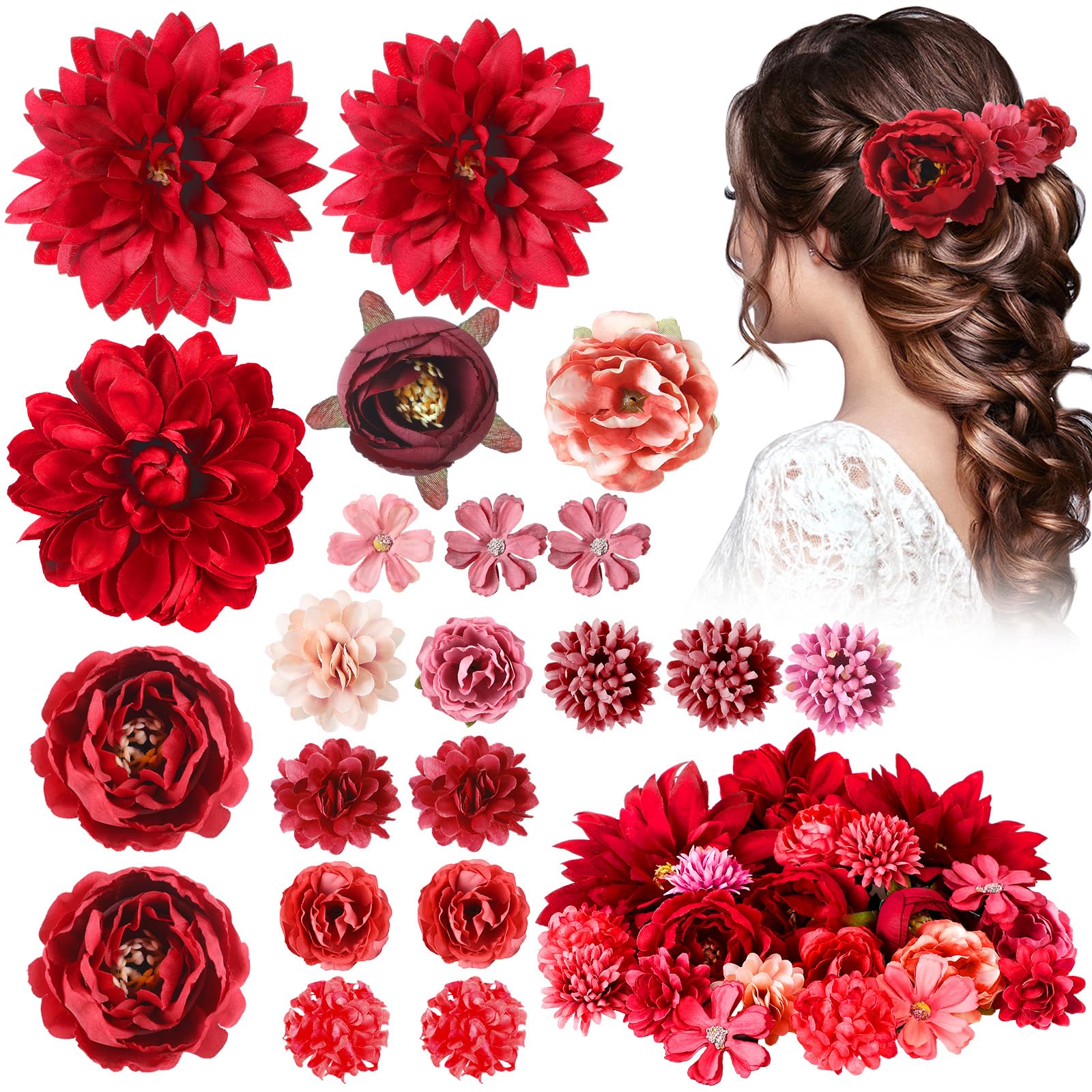 BBTO Flower Hair Clip Rose Hair Clips Barrettes for Women Flower Accessories Boho Bride Claw Clip Hairpin Brooch Pin Headpiece for Wedding(Beige Orange Series,21 Pcs)