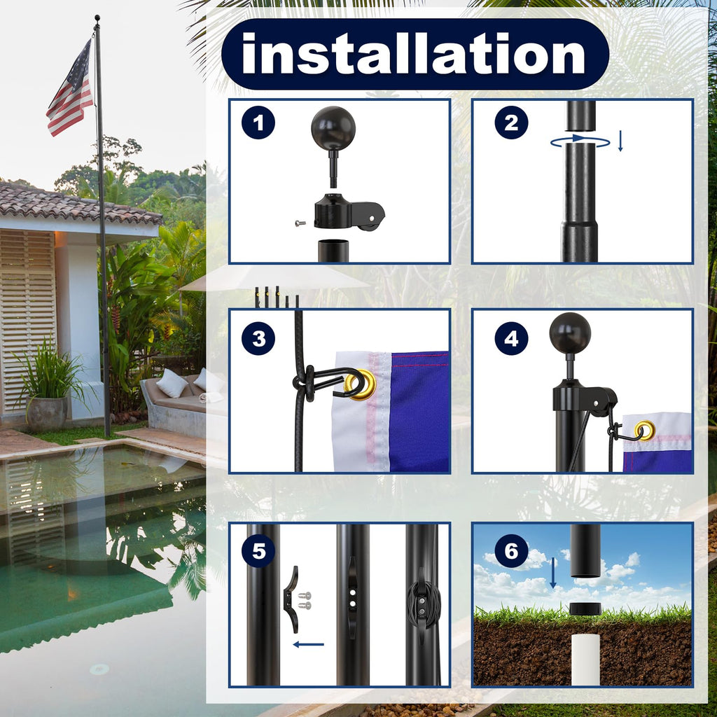 20FT Heavy Duty Flag Pole, 12-Gauge Aluminum, 100MPH Wind Tested | Extra Thick Residential & Commercial Flagpole Kit for Outside House – Includes USA Flag & All Hardware to Fly Two Flags