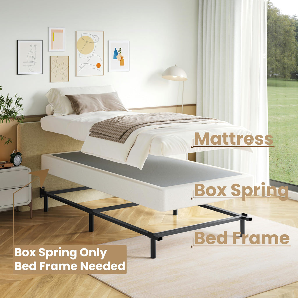HUEIIS Box Spring Twin Size, 7 Inch Low Profile Metal Frame Mattress Foundation, 3000 lbs Heavy Duty Boxspring with Fabric Cover, Easy Assembly, Noise Free, Non-Slip