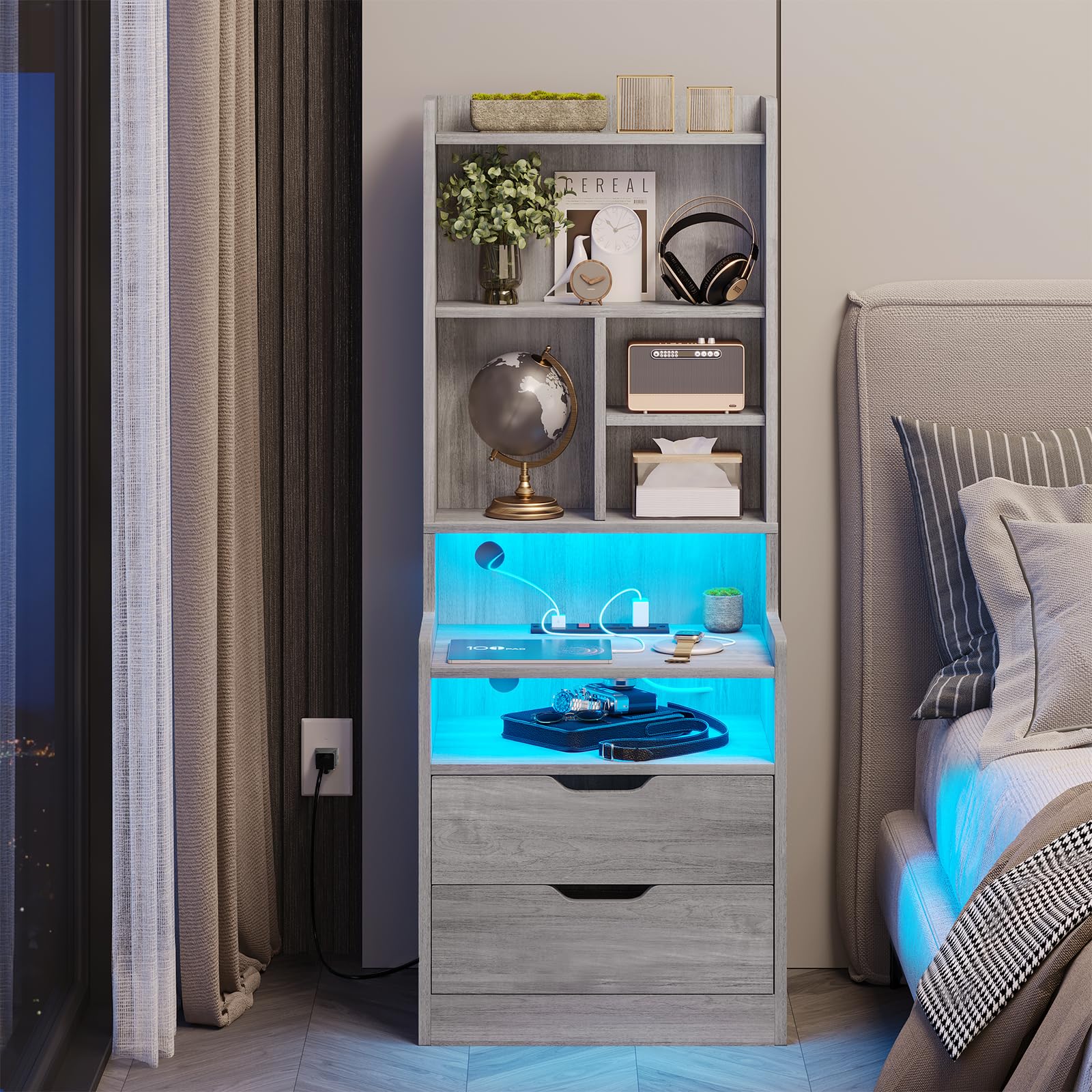 BTHFST Tall Nightstand with LED Lights and Charging Station, LED Black Nightstand with Shelves and 2 Drawers, Bedside Table with Bookshelf, Tall Side End Table with Storage