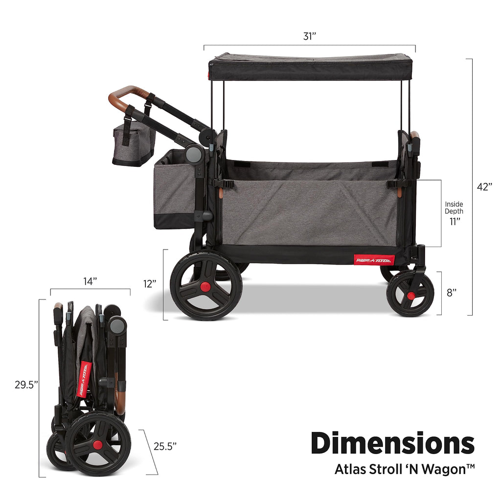 Radio Flyer Atlas Stroll 'N Wagon, Navy Blue, For Ages 1+, 3-in-1 Push or Pull Versatility, One-Hand Fold, UV Canopy, 5-Point Harnesses, Storage Capabilities, Rubber Wheels, Stroller Wagon for Kids