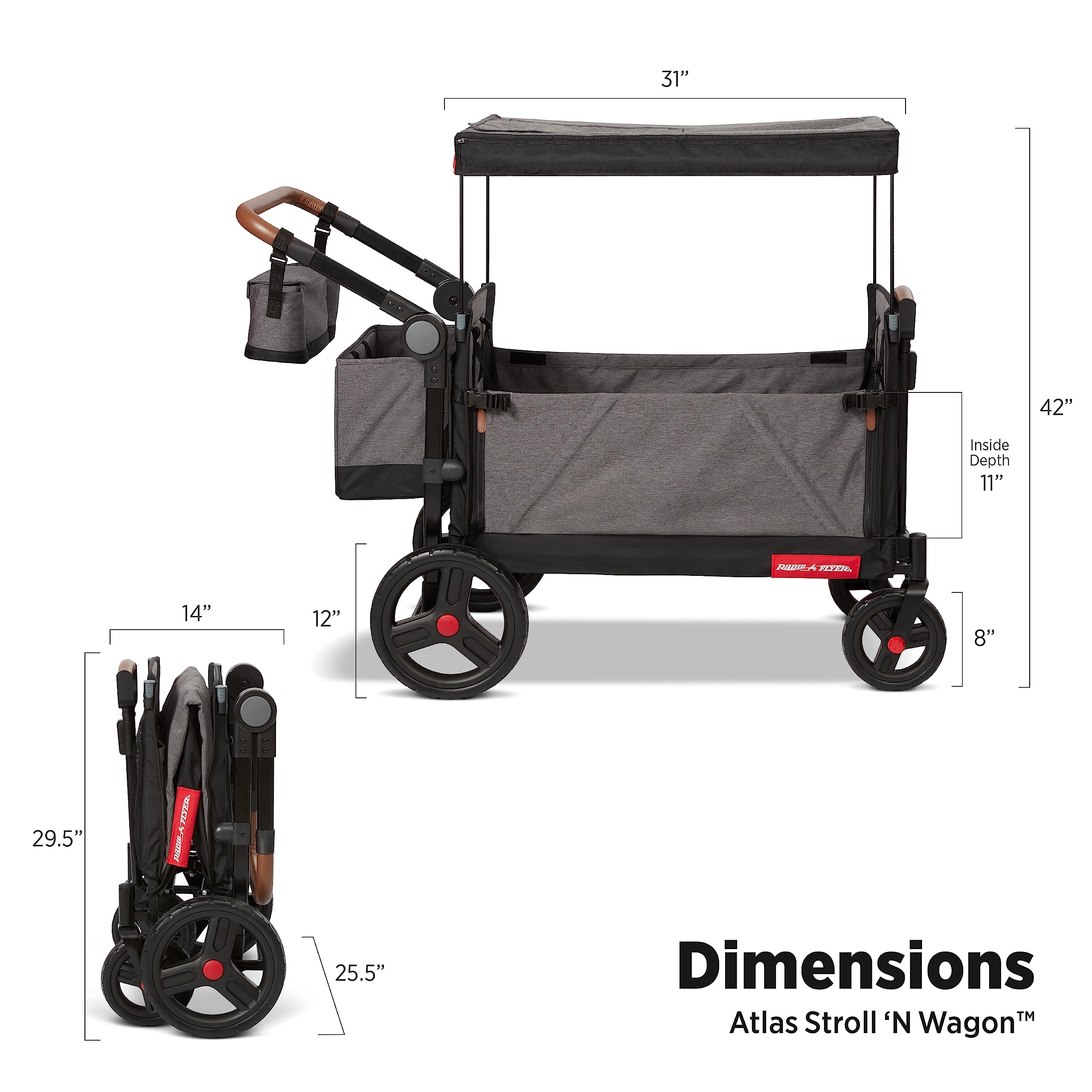 Radio Flyer Atlas Stroll 'N Wagon, Navy Blue, For Ages 1+, 3-in-1 Push or Pull Versatility, One-Hand Fold, UV Canopy, 5-Point Harnesses, Storage Capabilities, Rubber Wheels, Stroller Wagon for Kids