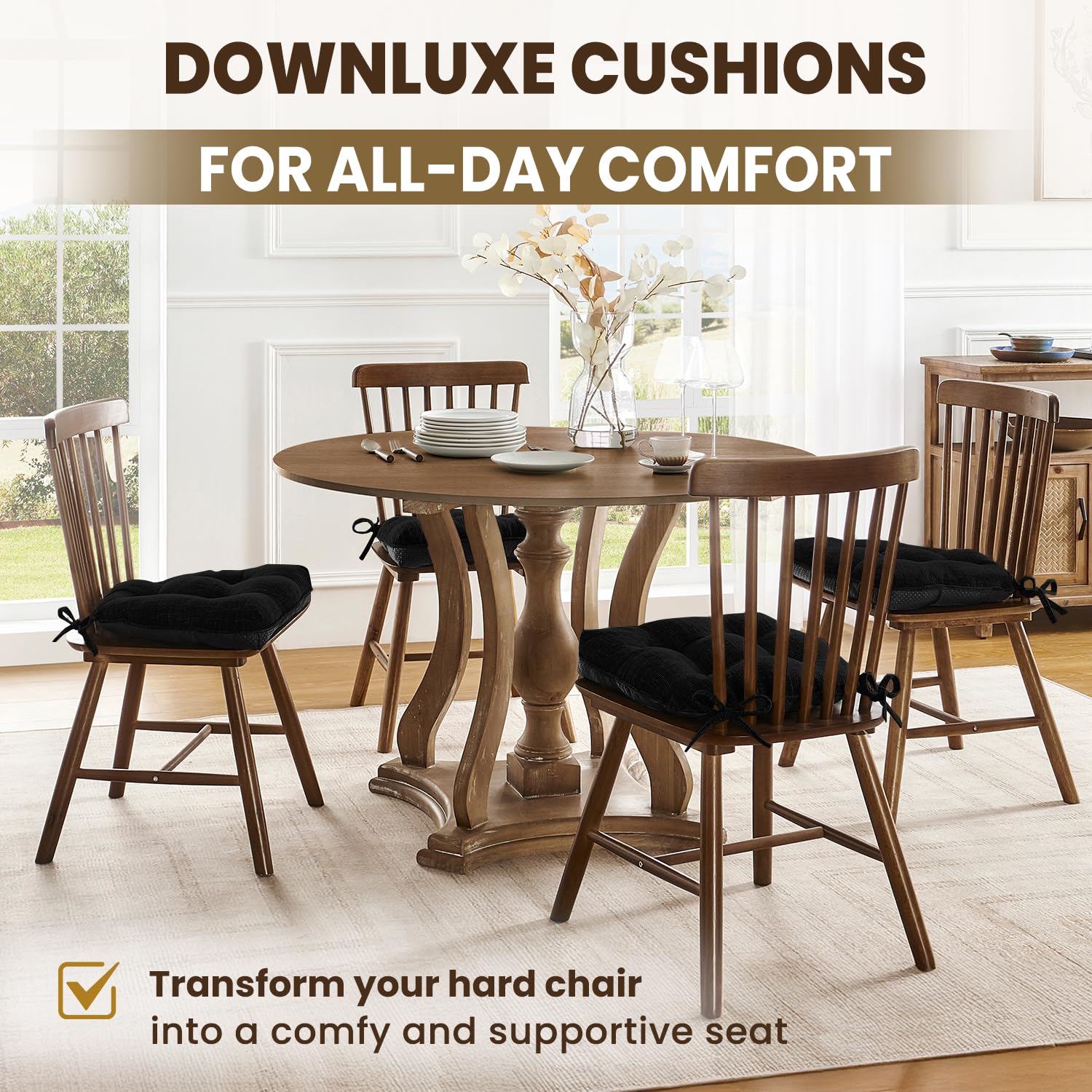 downluxe Indoor Chair Cushions for Dining Chairs, Tufted Overstuffed Textured Kitchen Chair Pads with Ties and Non-Slip Backing, 15.5" x 15.5" x 4", Aqua Blue, 4 Pack