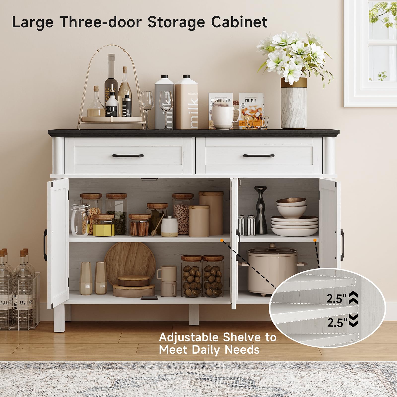 ONBRILL 48 Inches Buffet Cabinet with Storage, Farmhouse Sideboard Buffet w/2 Drawers and 3 Doors, Wood Coffee Bar Cabinet with Adjustable Shelves, Sideboard Storage for Kitchen, Living Room, Black