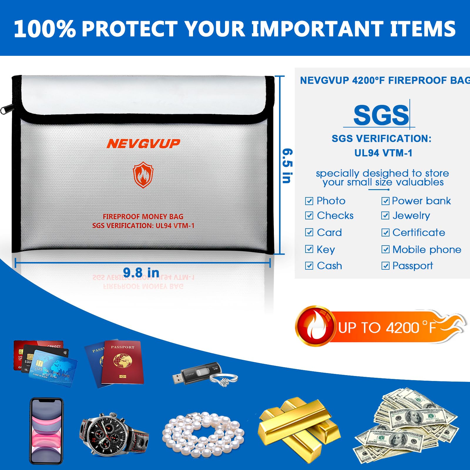 Fireproof Money Bag 4200°F - Heat Insulated, 9.8 x 6.5" Small Fireproof Document Bags with Waterproof Zipper, Fire proof Bag with Reflective Strip and Fireproofs Edeging, Fire Pouch Set for Valuables