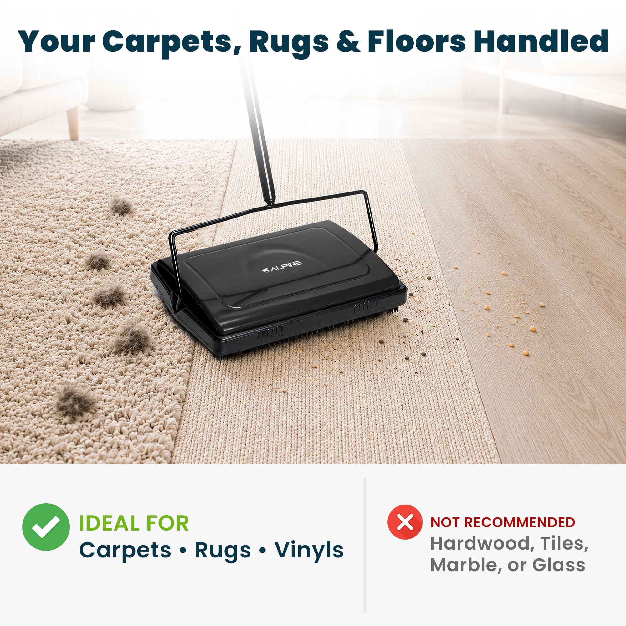 Alpine Manual Carpet Sweeper Triple Brush – Cordless Non Electric Multi-Surface Floor Brush Hardwood Floor Cleaner Easy Sweeping for Carpeted Floors (Improved Black)