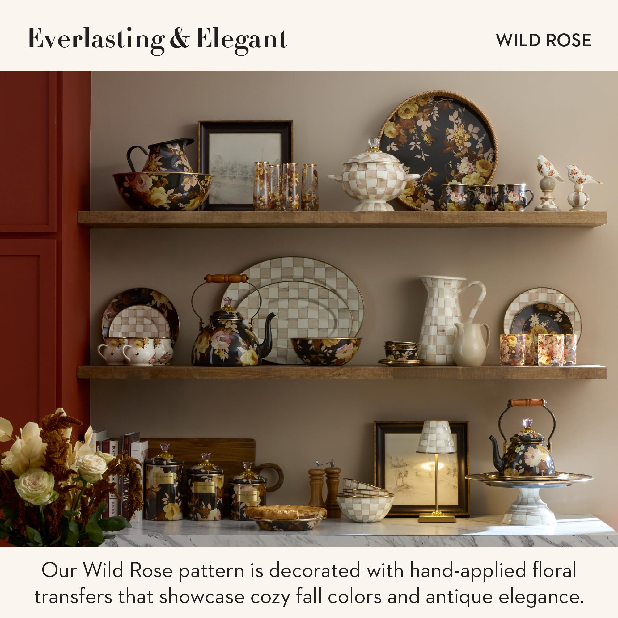 MACKENZIE-CHILDS Enamel Utensil Holder, Stylish Kitchen Countertop Organizer, Wild Rose Brown