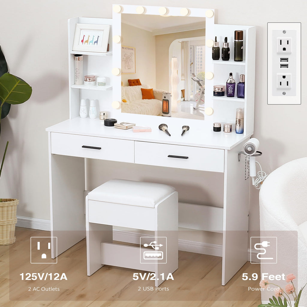YIKEHOME Makeup Vanity Desk with Mirror and 10 Lights, 3-Colour Hollywood Brighter Bulbs, Vanity Table Set with Large Drawers and and Charging Station for Bedroom Dressing Room White