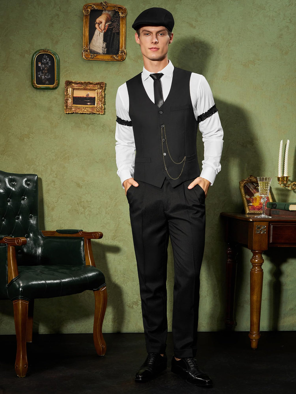 YESSA 1920s Mens Costume,Roaring 20s Costumes for Men,Gatsby Costume Men,1920s Mens Outfit Hat Vest Pocket Watch Tie