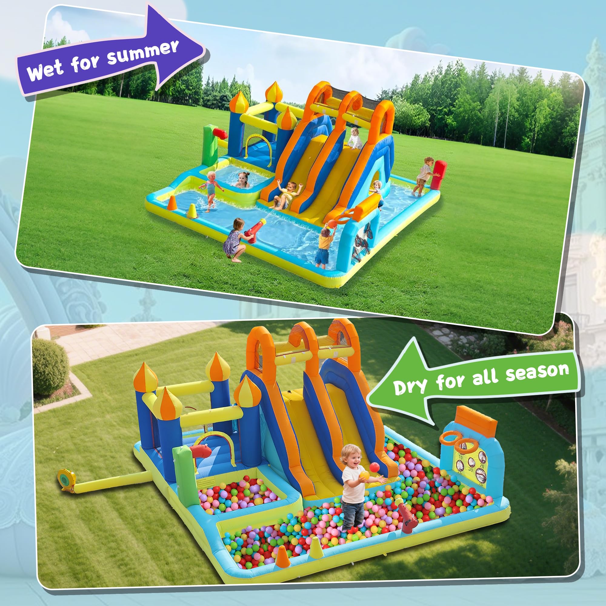 Blow Up Water Slides Two Long Slides Jumping Bouncy Castle for Kids Outdoor Inflatable Bounce House with 680W Blower for Kids Backyard