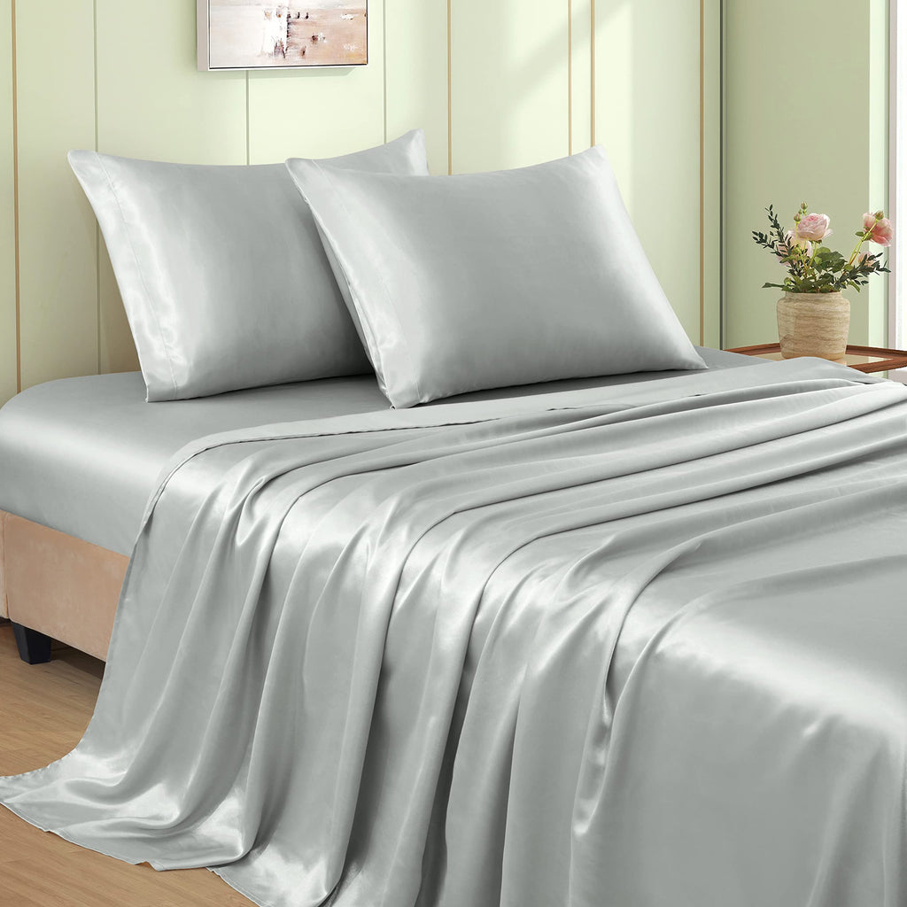VACVELT 3pcs Beige Satin Sheets Twin Size Bed Set, 15 Inch Deep Pocket Silky Satin Sheet Set, Soft Satin Bedding Set Cooling & Luxury Bed Sheets, 1 Fitted Sheet + 1 Flat Sheet + 1 Pillowcase