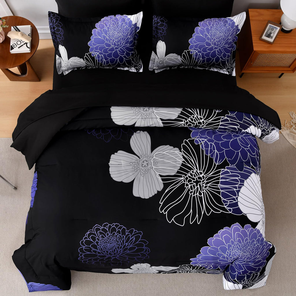 Yiran 7 Pieces Bed in a Bag Blue Floral Comforter Set Queen Size Flowers Comforter Set Soft Microfiber Bedding Set (1 Comforter 1 Flat Sheet 1 Fitted Sheet 2 Pillowshams 2 Pillowcases)