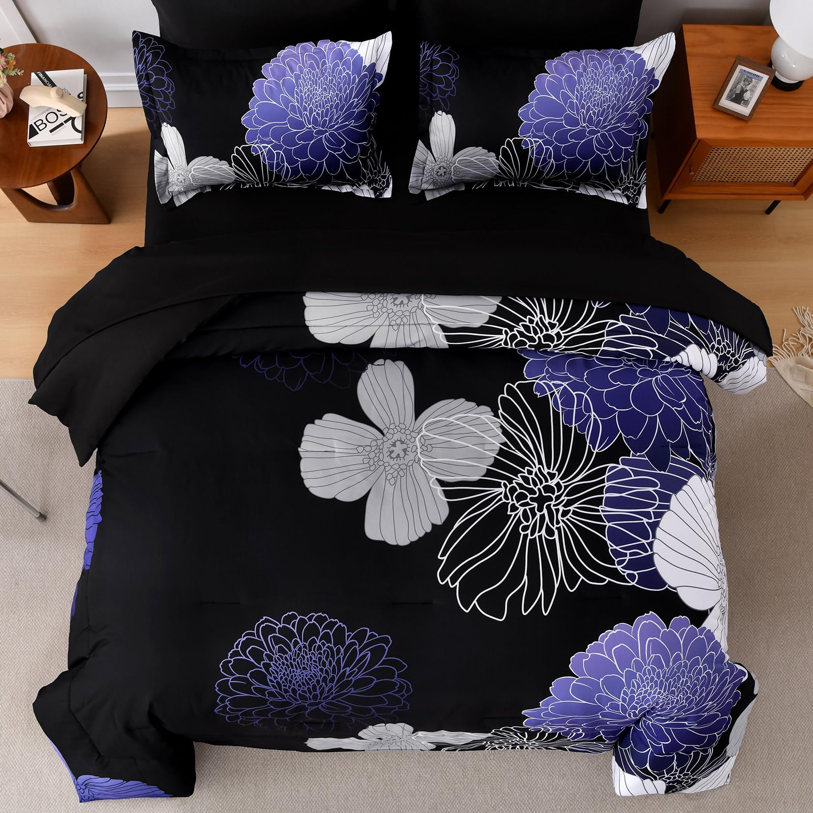 Yiran 7 Pieces Bed in a Bag Blue Floral Comforter Set Queen Size Flowers Comforter Set Soft Microfiber Bedding Set (1 Comforter 1 Flat Sheet 1 Fitted Sheet 2 Pillowshams 2 Pillowcases)