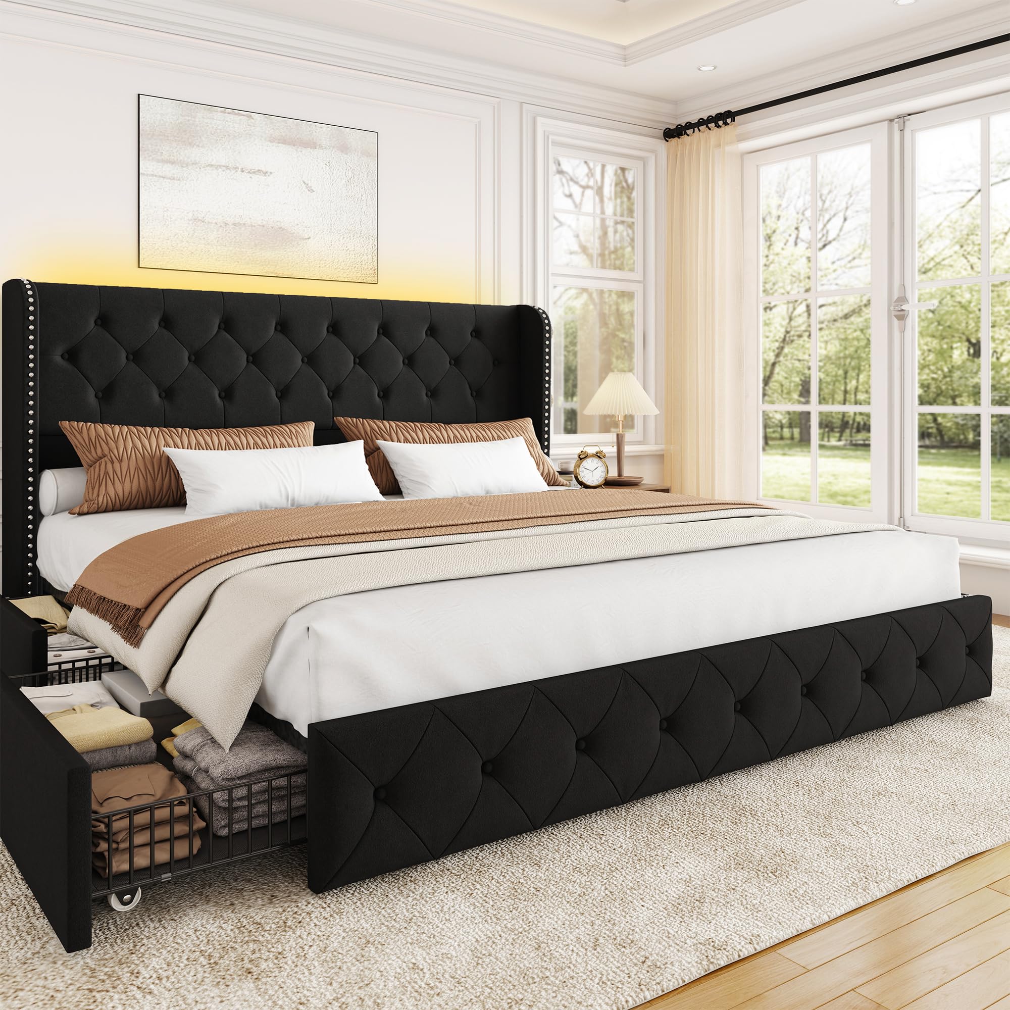 BRELTAM Full Size Bed Frame with Storage Drawers and Wingback Headboard Linen Upholstered Platform Bed Frame Tufted Beds with Heavy Duty Wood Slats, Noise Free, Easy Assembly, Beige