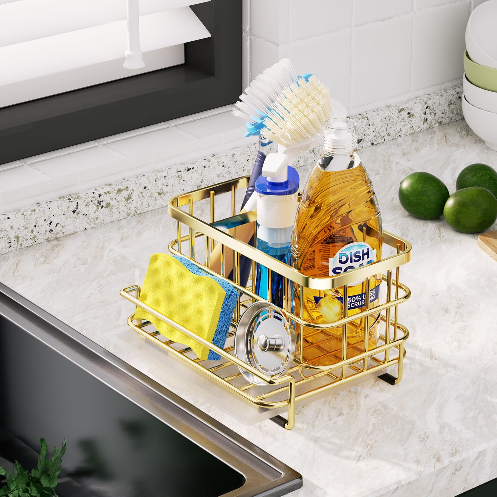HapiRm Kitchen Sink Organizer, SUS304 Stainless Steel Rustproof Multifunctional Large Sink Caddy with Sponge Holder and Drain Tray for Kitchen Countertop (Silver)