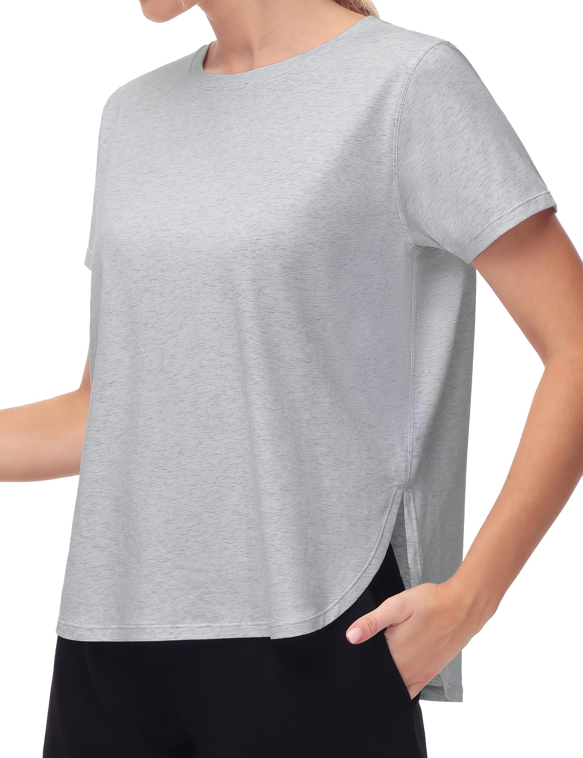 THE GYM PEOPLE Women's Workout T-Shirts Loose Fit Short Sleeve Cotton Running Basic Tee Tops with Split Hem