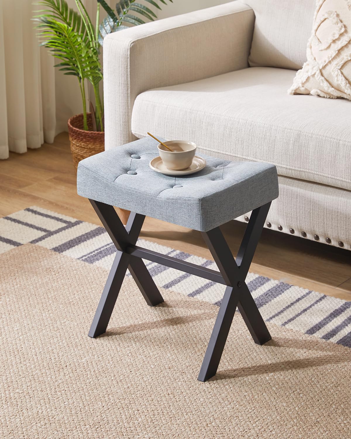 IBUYKE U-Shaped PU Vanity Stool, Square Makeup Chair with X-Leg, Ottoman Seat Footrest Stool, Multi-Use as Small Side Table, for Bedroom, Living Room, Black WBD019B