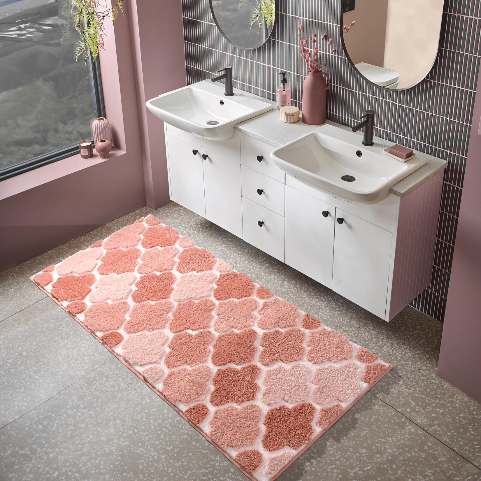 DEXDE Bathroom Rugs Runner 24x47 Long Bath Rug Non Slip Soft Washable Large Bath Mats for Bathroom Bedroom Hallway Kitchen Floor Carpet Modern Boho Decor, Beige