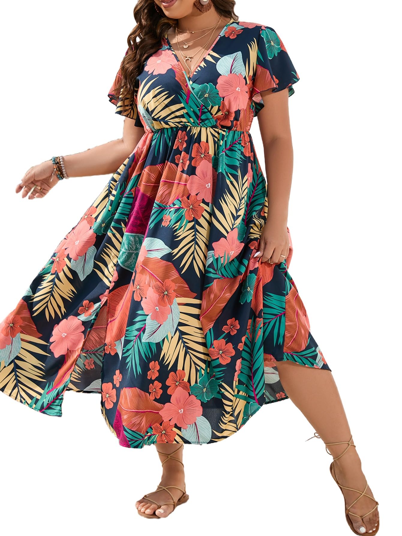 Floerns Women's Plus Size Boho Hawaiian Tropical Dresses V Neck Short Sleeve Floral A Line Long Dress Vacation Beach Outfits