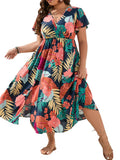 Floerns Women's Plus Size Boho Hawaiian Tropical Dresses V Neck Short Sleeve Floral A Line Long Dress Vacation Beach Outfits