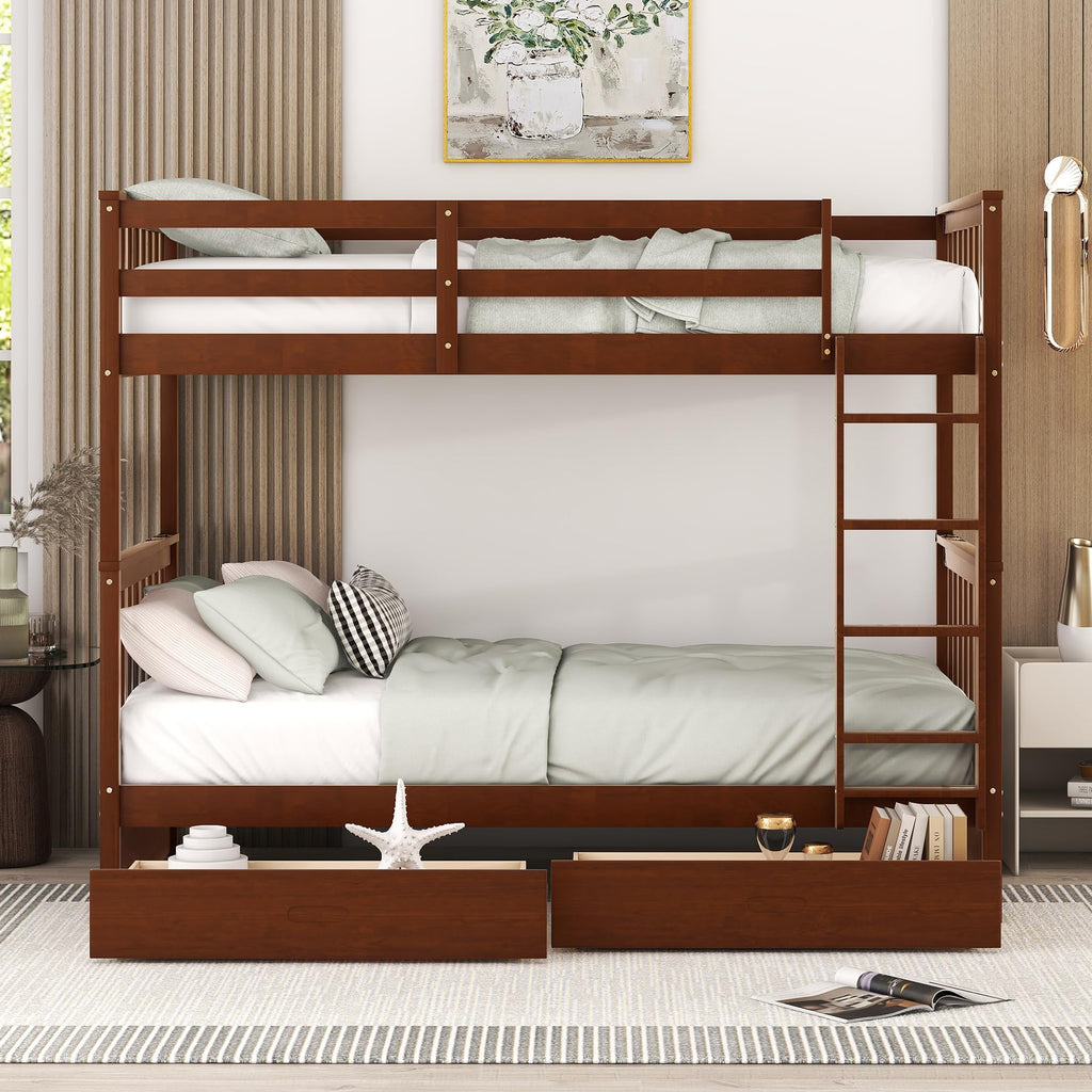 Merax Wood Bunk Bed with Two Drawers,Convertible Wood Bunk Bed with Ladders and Two Storage Drawers,Solid Wood Detachable Bed Frame with Ladders, Twin Over Full Size, Espresso
