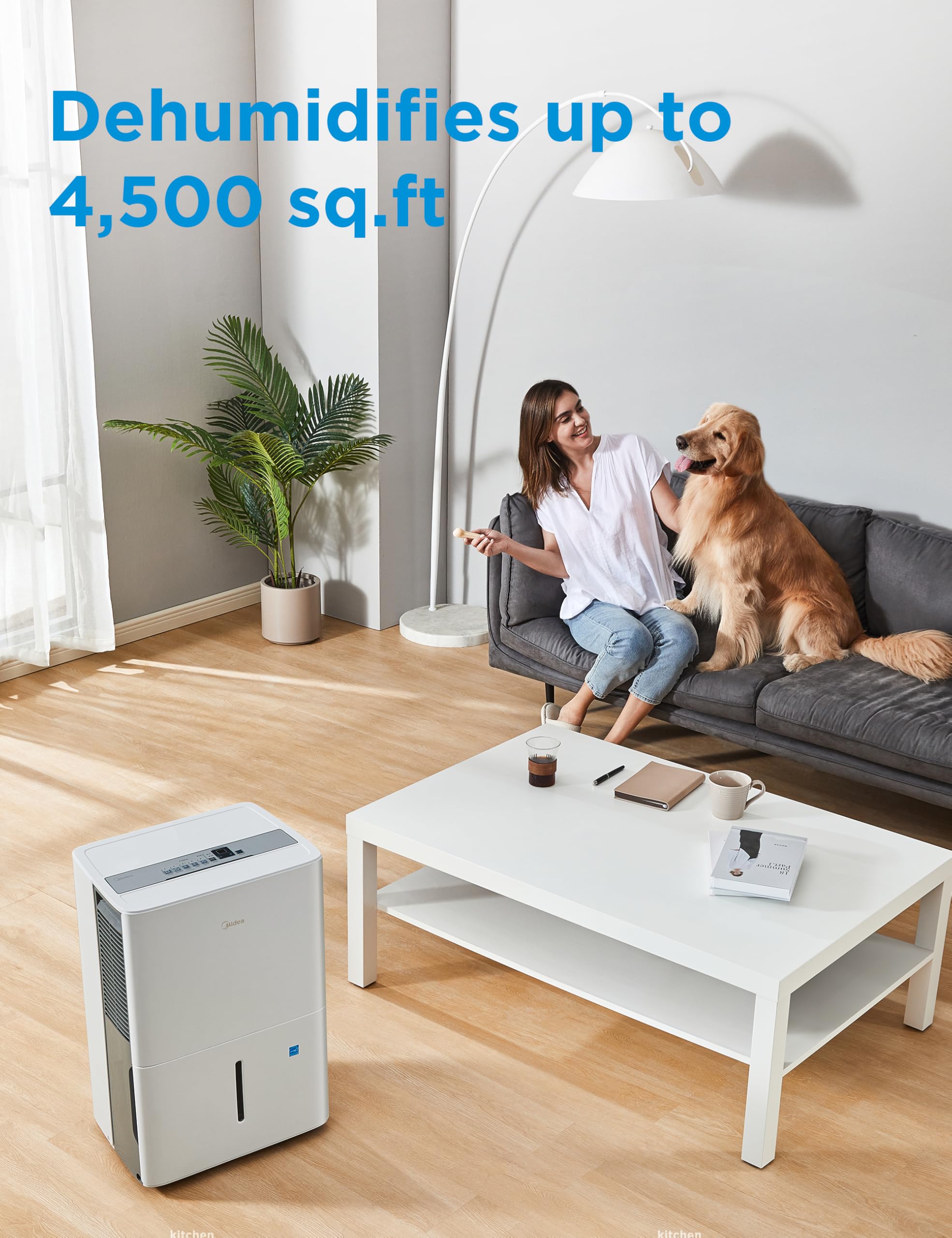 Midea 4,500 Sq. Ft. Energy Star Certified Dehumidifier with Pump Included Wi-Fi Enabled 50 Pint 2025 DOE - Ideal for Basements, Large & Medium Sized Rooms, and Bathrooms