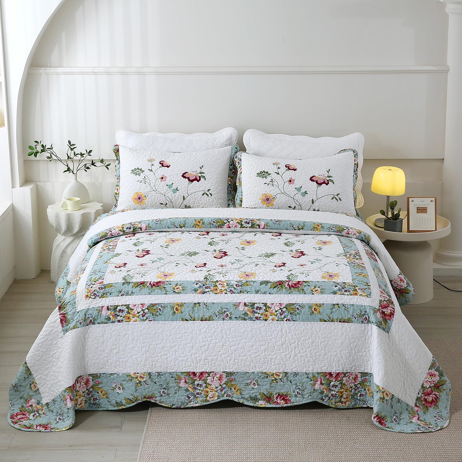 vctops 3-Piece Floral Embroidered Bedspread Coverlet Set Twin Size 100% Cotton Reversible Patchwork 1 Quilt and 2 Pillow Shams (Flower,Twin)