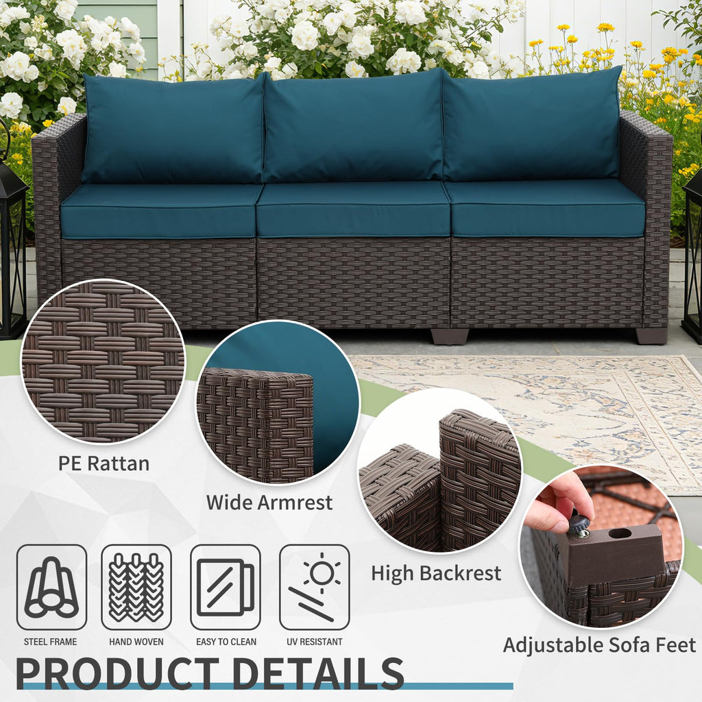WAROOM Patio Couch PE Rattan 3-Seat Outdoor Sofa Brown Wicker Furniture Set Deep Seating with Anti-Slip Beige Cushion