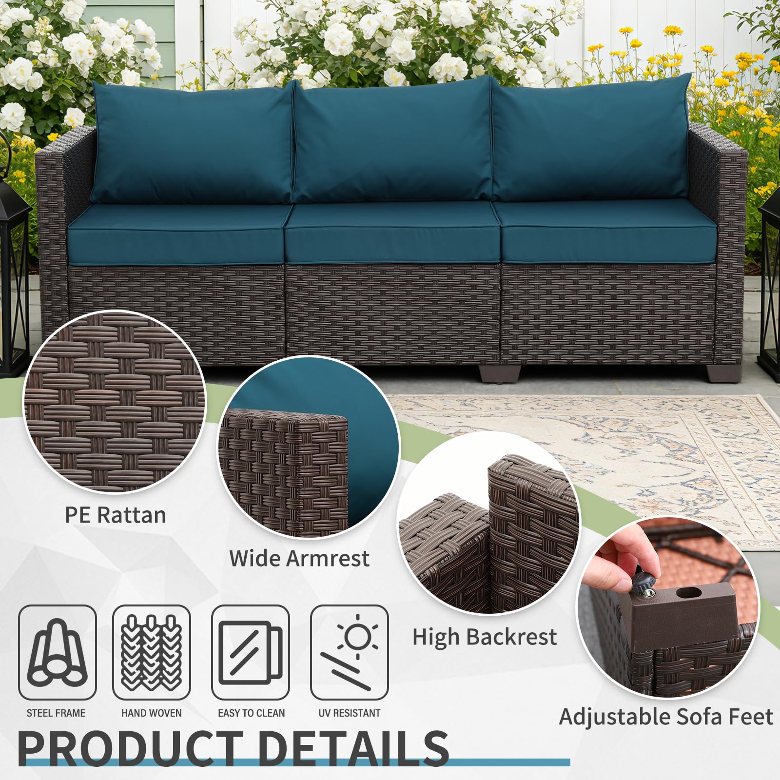 WAROOM Patio Couch PE Rattan 3-Seat Outdoor Sofa Brown Wicker Furniture Set Deep Seating with Anti-Slip Beige Cushion